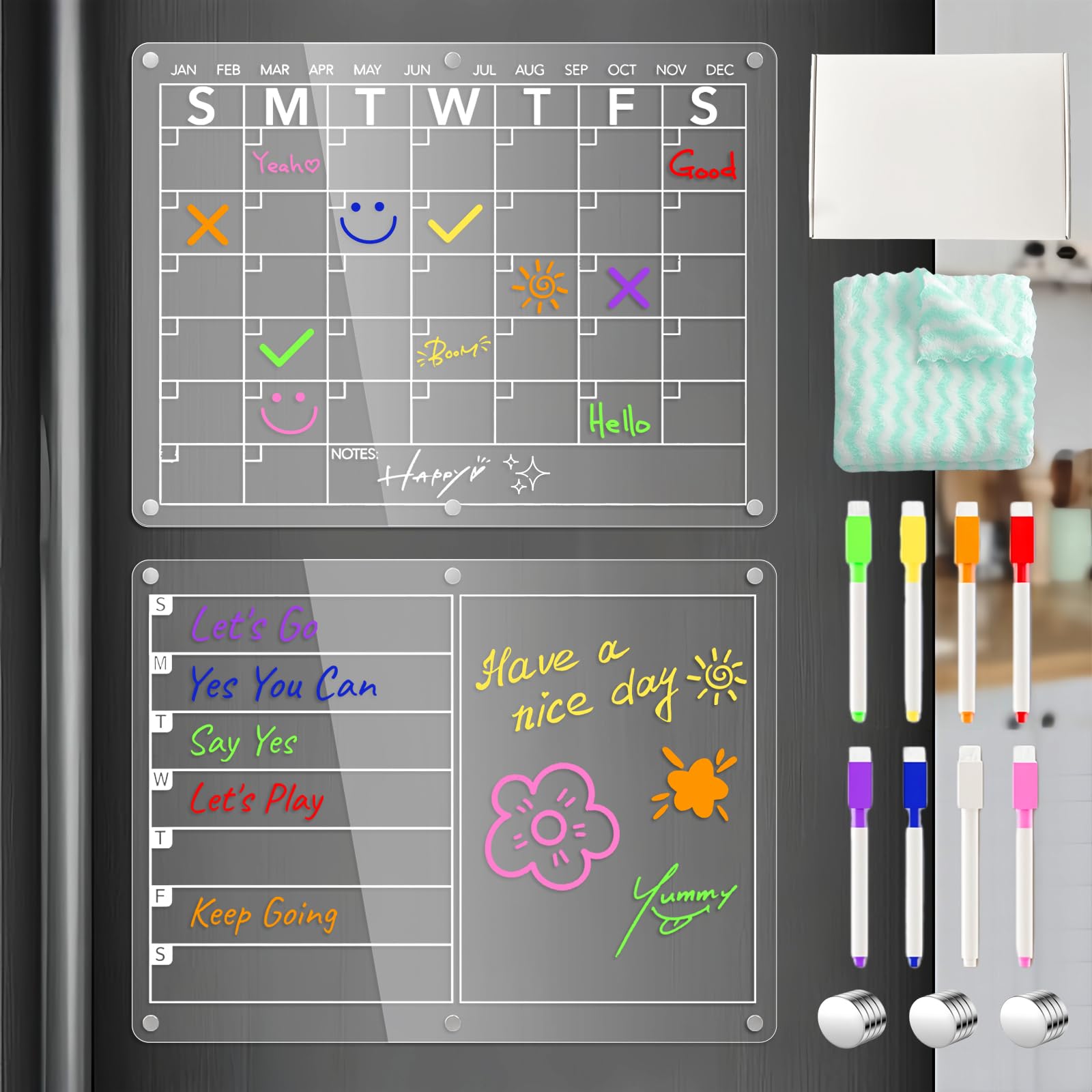 2pcs Magnetic Weekly Fridge Planner, Monthly Fridge Magnetic Calendar Meal Planner Board with 8 Markers and Wipes, Transparent Menu Organisers for Kitchen Home Shopping List