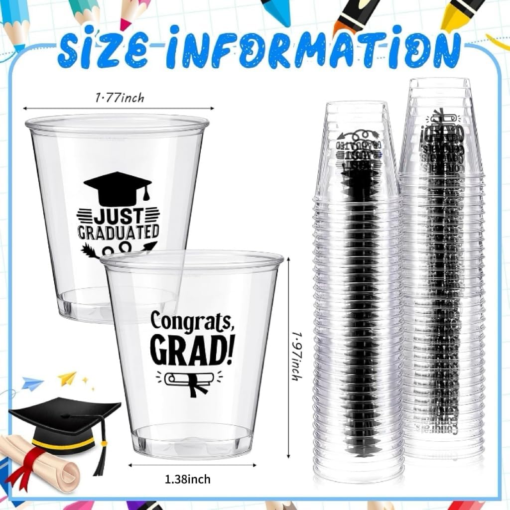 Sliner 200 Pcs graduation Plastic Shot Glasses 1.5 oz Clear Plastic Cups Disposable Graduation Birthday Cups Decorations for Graduated Tailgate Dinner Sports Event(Black)
