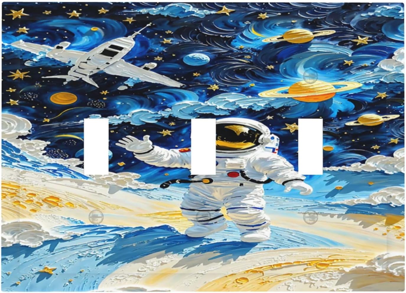 Astronauts Spaceships Planets Stars Decorative Switch Plates 3 Gang Wall Plate Faceplate Triple Toggle Light Switch Cover Electrical Wall Panels for Bedroom Bathroom Decor