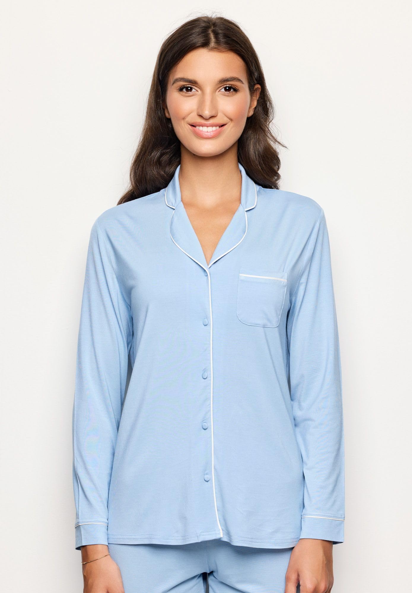 YAMAMAY - Maglia del Pigiama Maniche Lunghe, Donna, Celeste, 93% Modal 7% Elastan, Modal lenzing, Monocromo