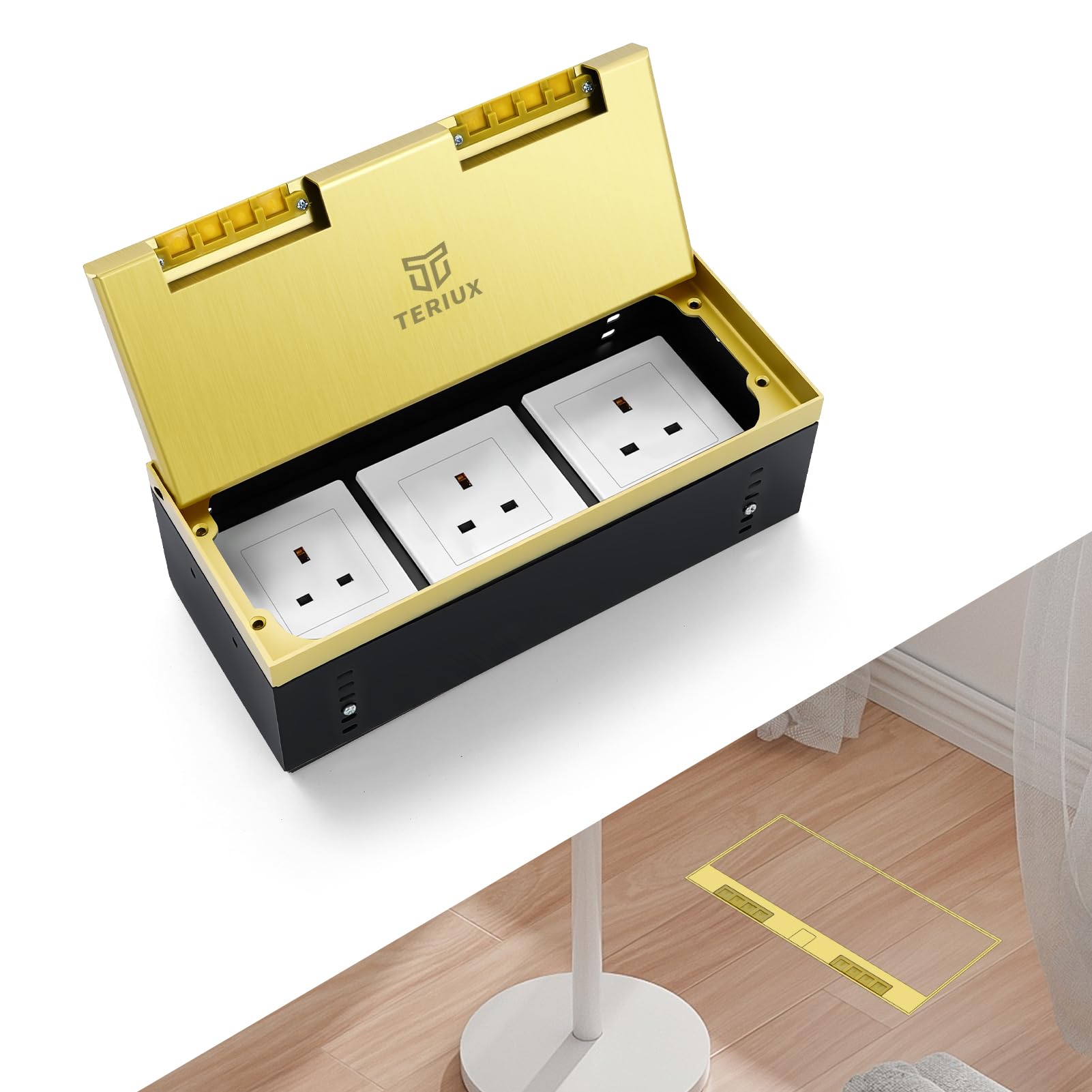 Recessed Floor Socket Box Kit, Hidden 3 x 13A Electrical Outlet with Waterproof & Scratch-Resistant Cover, Pop-Up Recessed Power Socket for Kitchen Worktop, Office Floors & Conference Tables (Golden)
