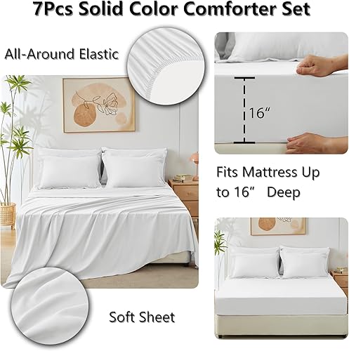 Miniatura 4 de Juego de edredón blanco tamaño Queen, 7 piezas de cama en una bolsa, juego de cama ligero tamaño Queen, juego de cama suave para todas las