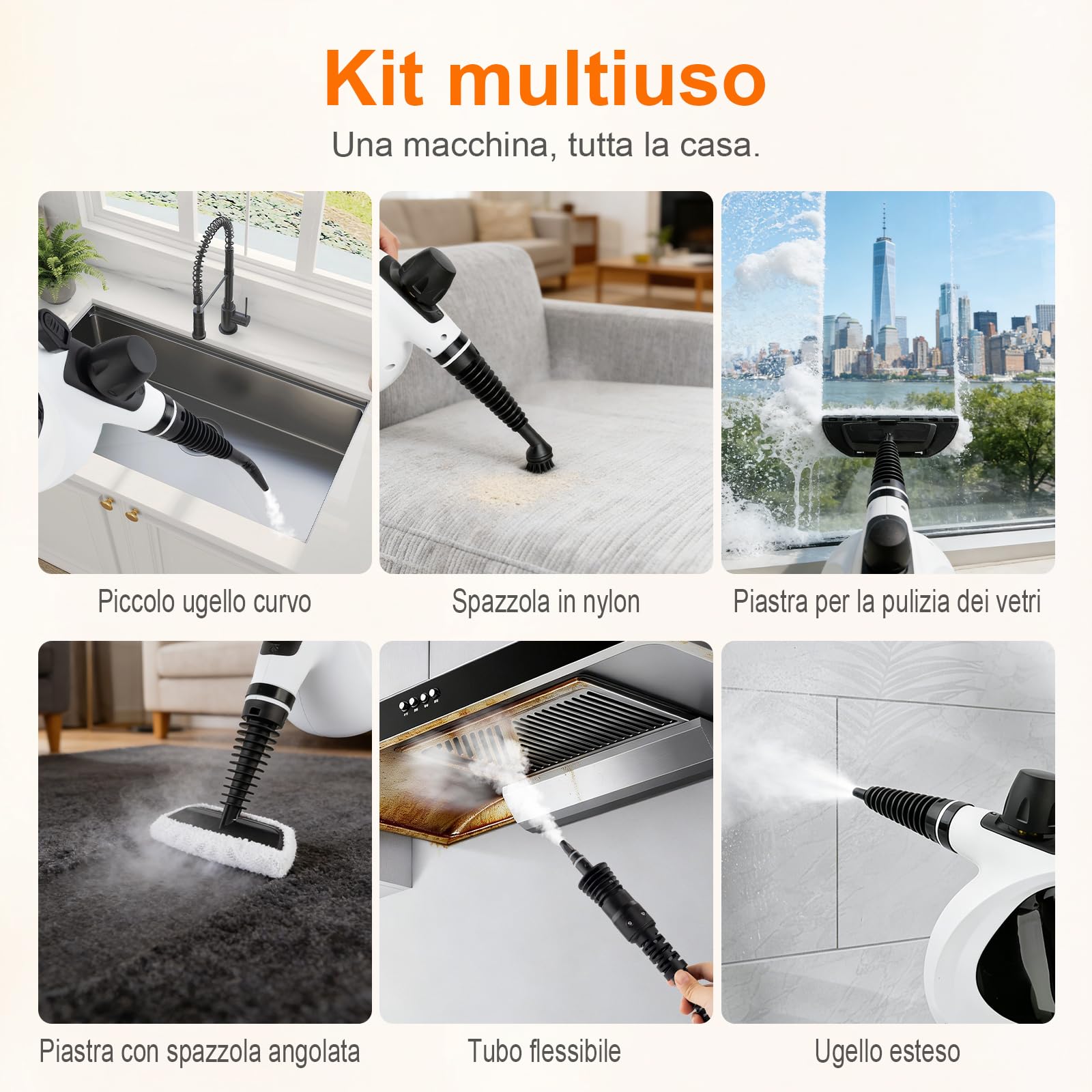 Ibergrif Pulitore a Vapore Portatile, Pistola a Vapore 1050W con 9 Accessori, 3 Bar Alta Pressione, Soluzione Naturale Senza Additivi, per Divani, Cucina, Fughe e Vetri, 350ml, Bianco