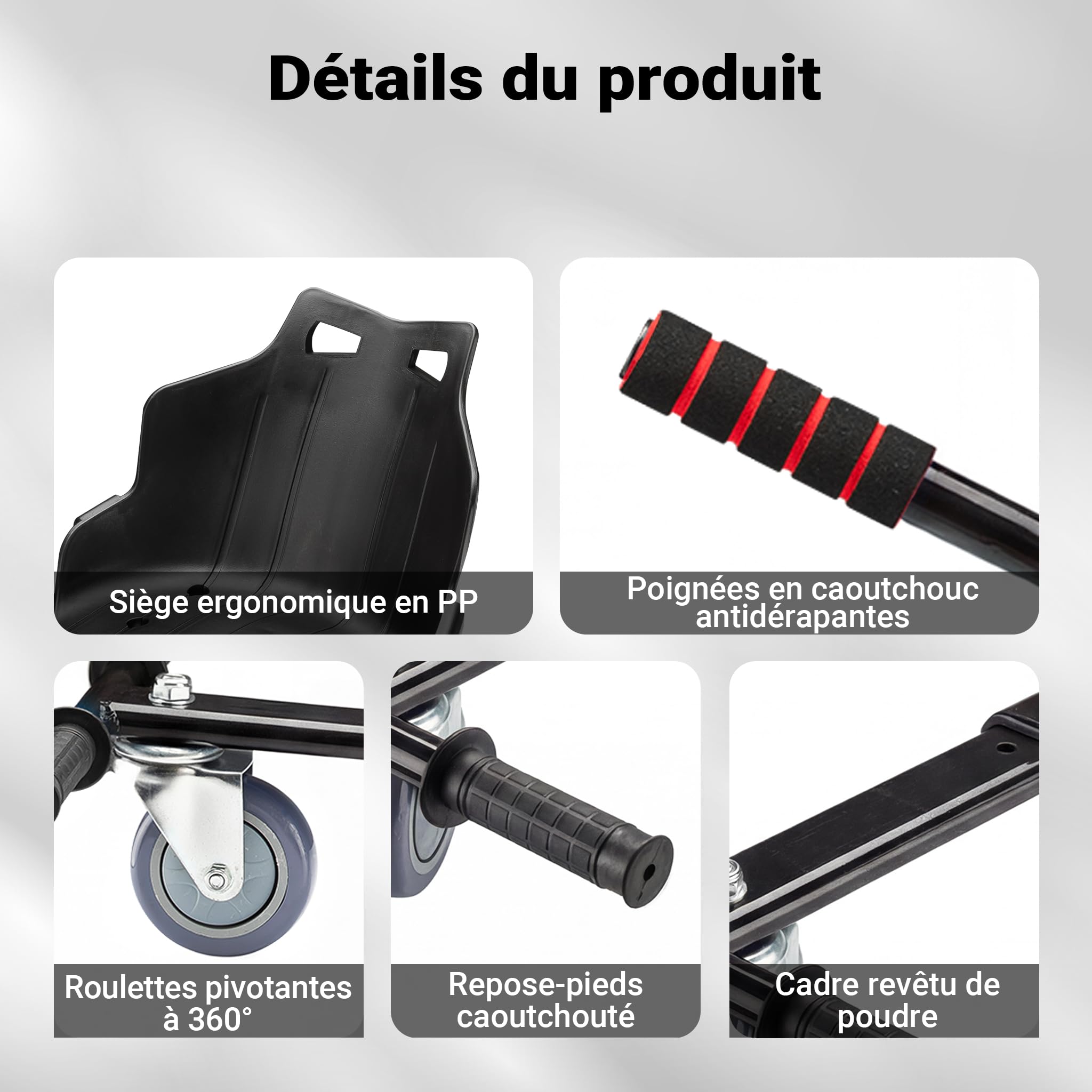 Wiltec Siège de Balance Scooter – Noir – capacité de 120 kg max. – avec Roulette et Poignées – ajustable pour Adultes et Enfants – Siège de Kart Elektroscooter compatible avec Hoverboard