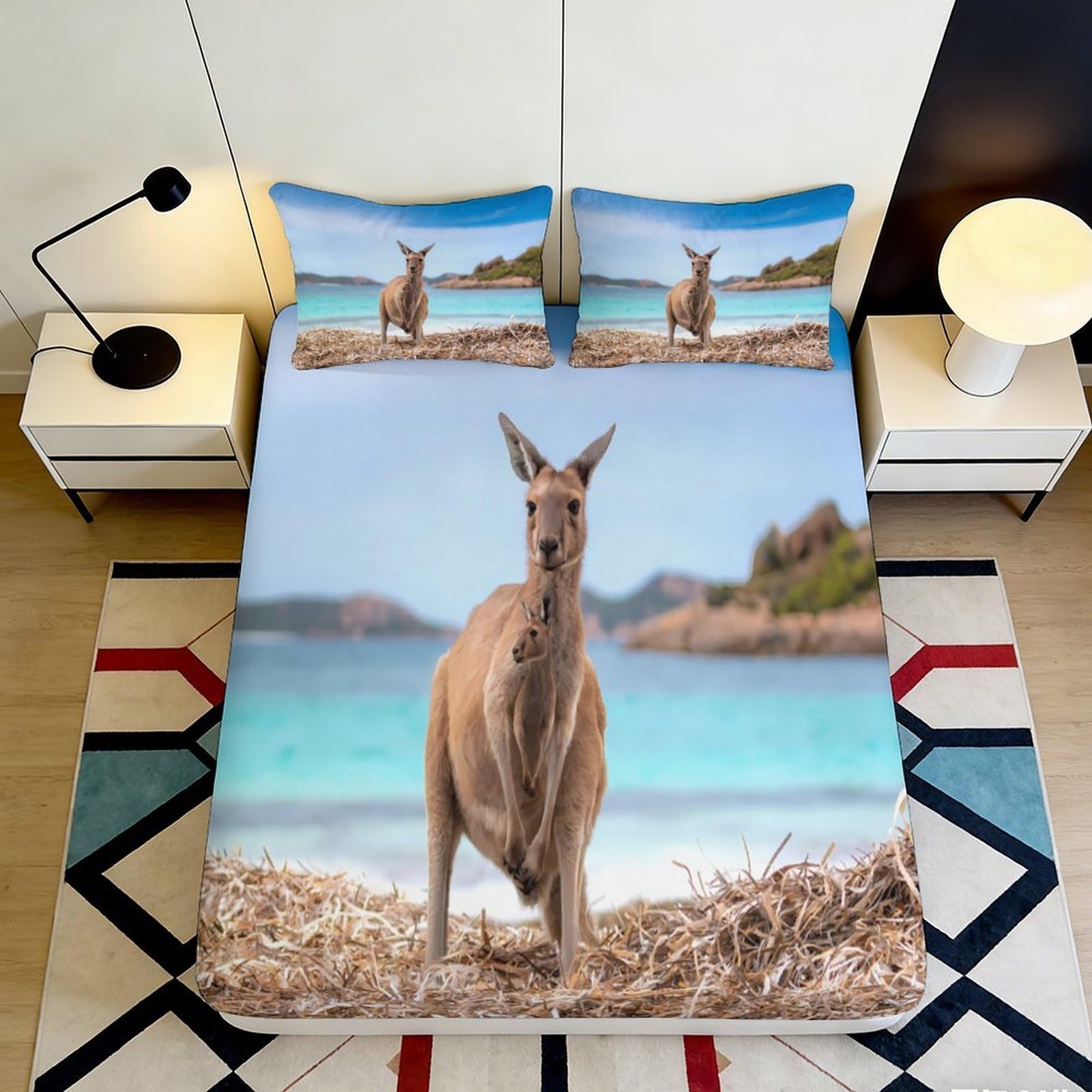 Qjzxknhpgr Style-3 3D Printed Kangaroo Beach Fitted Sheet Microfiber Mattress Cover For Bedroom Dorm Decor Dustproof Easy Care 90X200x25cm