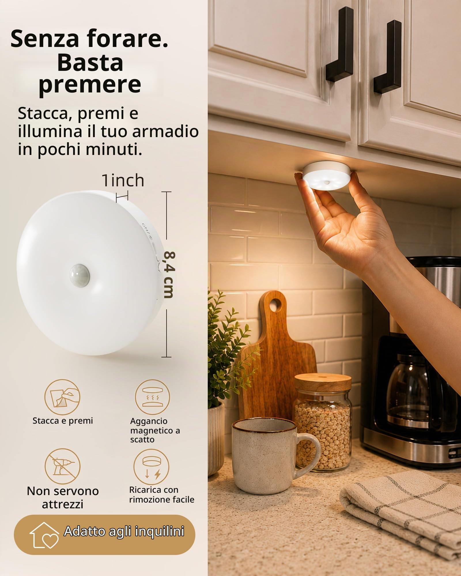 EZVALO Illuminazione sotto armadio con stazione di ricarica, luci a disco ricaricabili da 1000 mAh con telecomando, 3 temperature di colore e 12 luci RGB per armadio, luci dimmerabili con sensore di