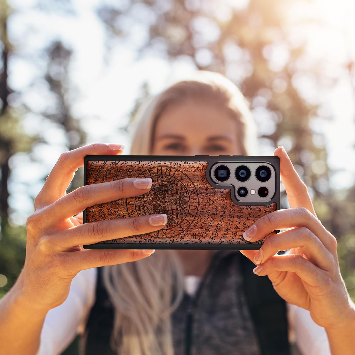 Carveit Wood Case for Galaxy S24 Ultra Case [Natural Wood & Black Soft TPU] Shockproof Protective Cover Unique Wooden Design Compatible with Samsung S24 Ultra (Mjolnir & Wolves-Rosy)