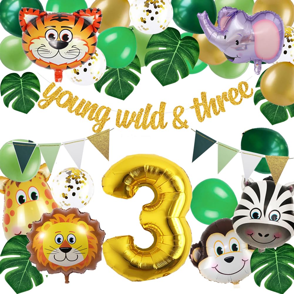 Jungle 3rd Birthday Decorations, Safari Birthday Party Wild Three Party Supplies Animals Head Foil Balloons Young Wild & Three Banner for Boy Girl 3