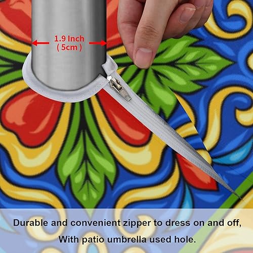 Miniatura 5 de Qilmy Mantel redondo impermeable Talavera mexicana de 60 pulgadas con agujero para paraguas y cremallera para decoración de barbacoa en el patio