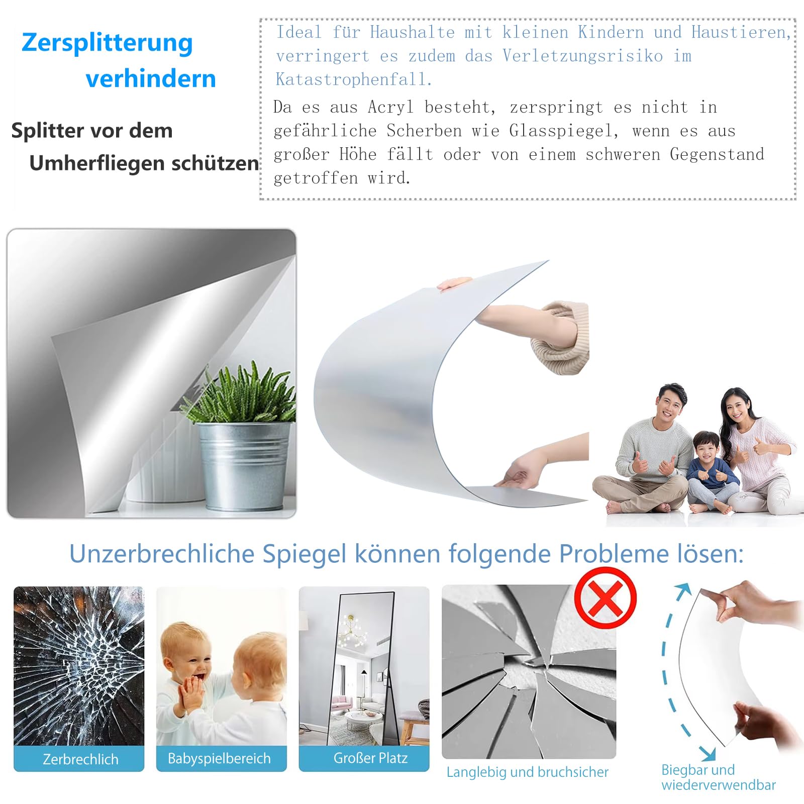 Selbstklebender Wandspiegel(40x120cm 2 Stück) Acryl Klebespiegel Ganzkörperspiegel 2mm Dicke,Spiegel zum Kleben für Tür,Schlafzimmer,Wohnzimmer&Kinderzimmer,DIY Spiegelfliesen selbstklebend