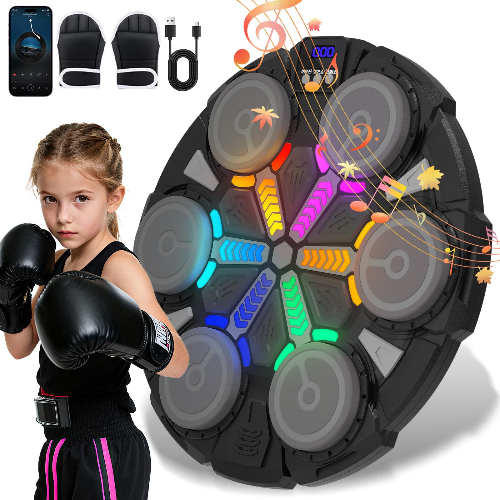 Music Boxing Machine, Macchina da Boxe Musicale, Bluetooth LED per Bambini, Elettronica da Boxe Intelligente, a Parete con Guantoni da Boxe per Adulti e Bambini