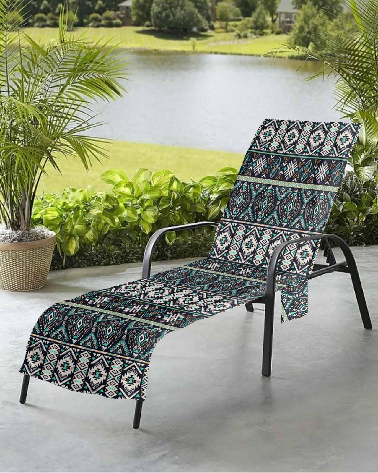 Beach Pool Patio Lounge Chaise Chair Cover Towel with Pockets,Southwestern Aztec Absorbent & Quick Dry Microfiber Towel Cover Bag Summer Travel Accessories Ethnic Bohemian Boho Farmhouse Colorful