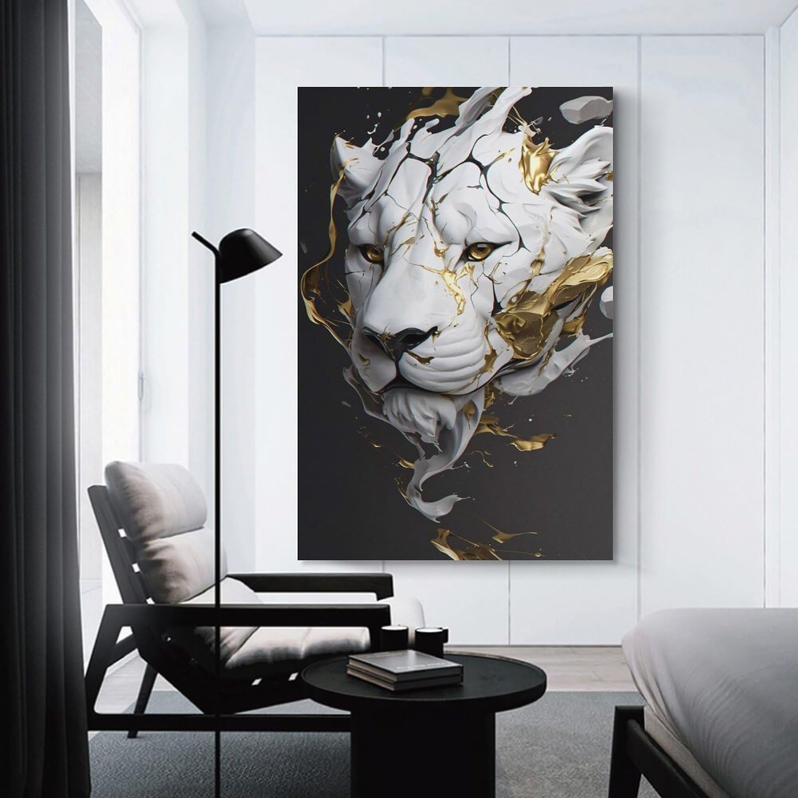 Junmoney Abstract White Lion with Gold Splatter Decorative Wall Artwork, 20x30inch(50x75cm), for New Homes, Bedrooms Or Workspaces, Gift Idea for Housewarming And Birthdays