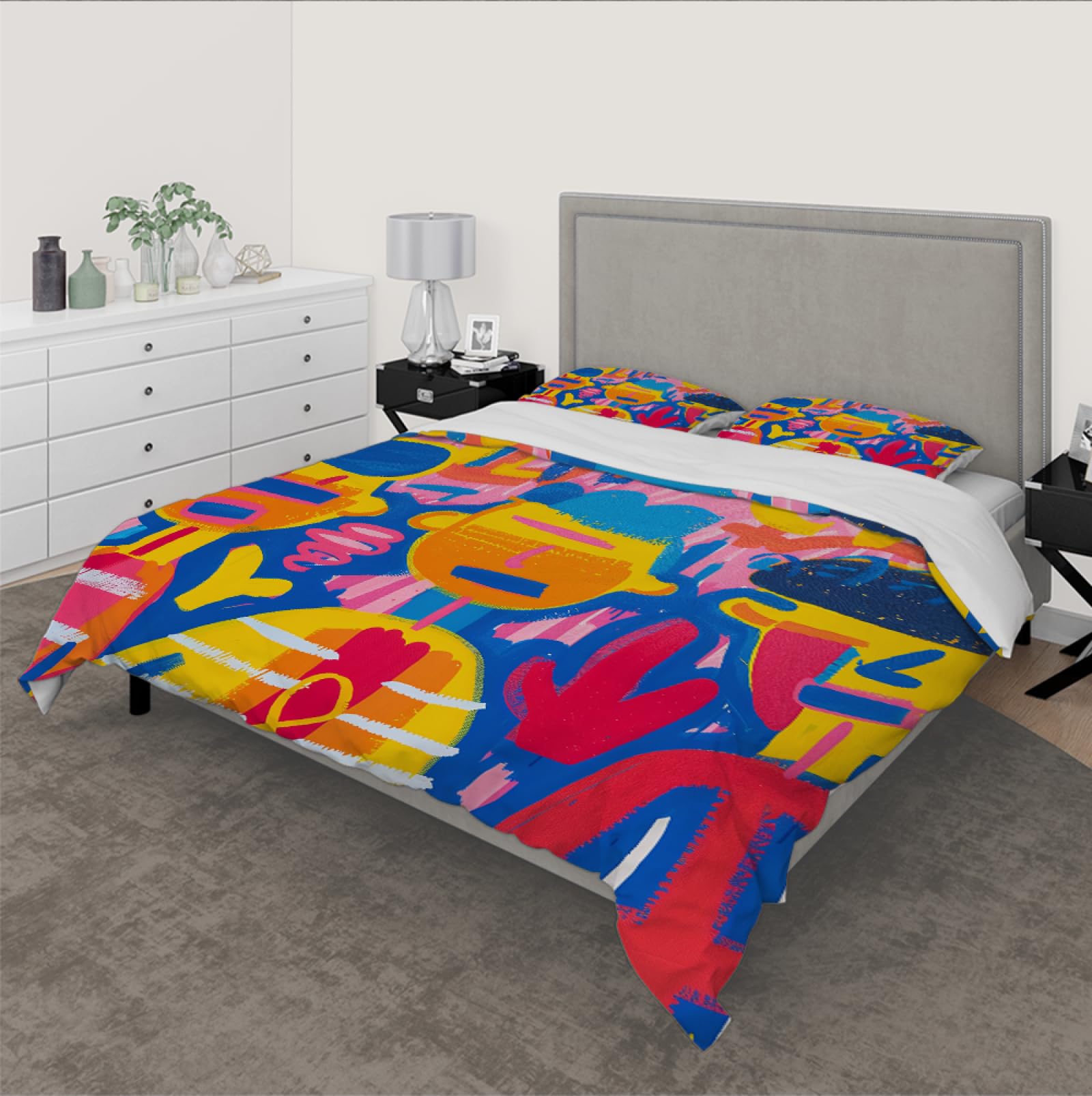 Kolorowy zestaw poszewek na kołdrę w stylu graffiti 3-częściowy zestaw pościeli z motywem kreskówek ze słodkimi postaciami z 2 suwakami i 4 krawatami 160 x 200 cm