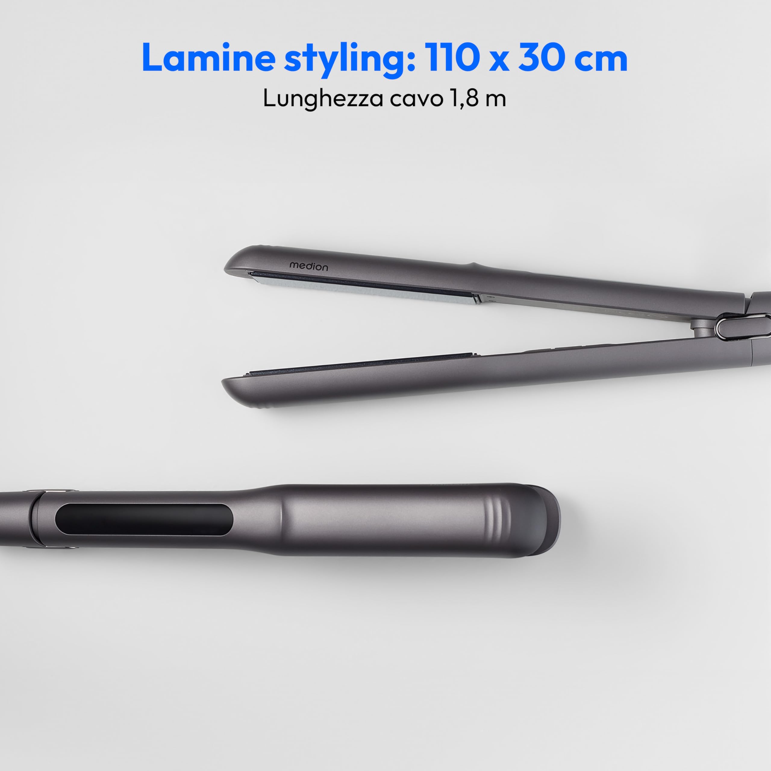 MEDION HS1 Piastra con display (5 impostazioni di calore regolabili, piastre riscaldanti flessibili in ceramica/tourmalina con sensore di temperatura, piastra per capelli) grigio