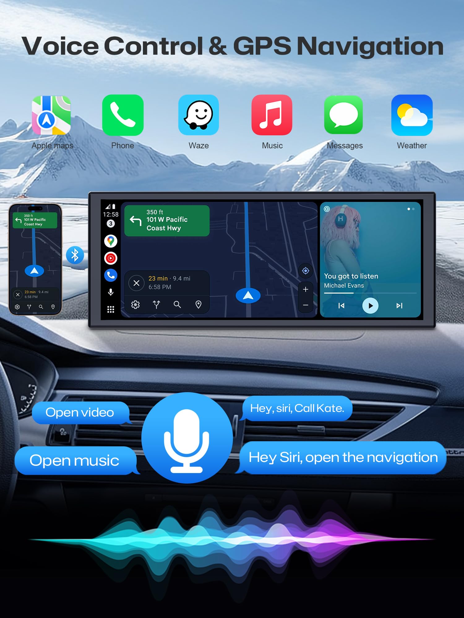 INNOVV V2 bezprzewodowa kamera samochodowa z systemem Android 10,3", ekran dotykowy IPS 1920 × 720 do samochodów, Mirror Link, nagrywanie w pętli, GPS, Siri z regulowanym stojakiem Magic Stand