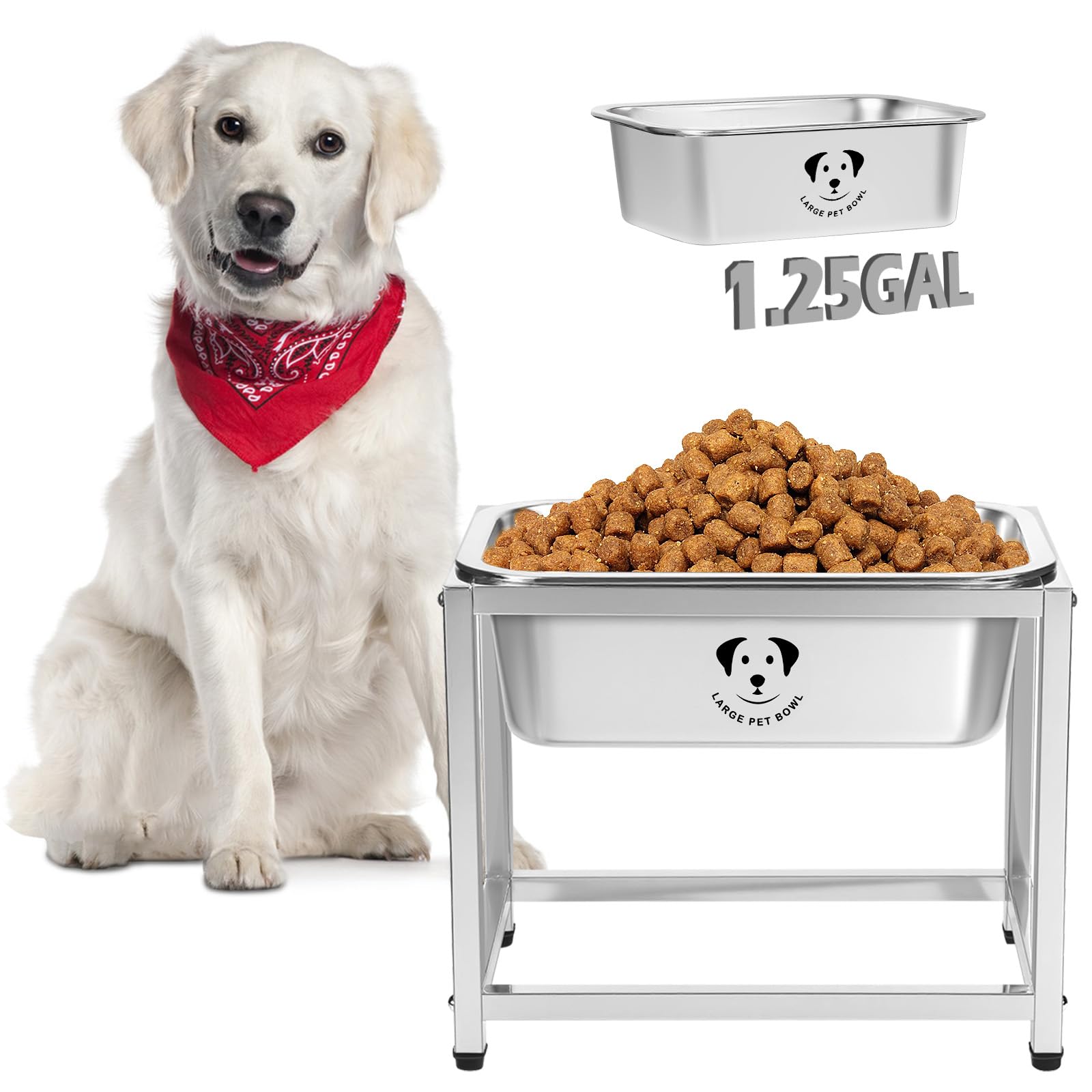 1.25 Gallon Elevated Large Dog Water Bowl, 10.23" Raised Stainless Steel Bowl for Medium Large Breed, Elevated Dog Water Bowl with Full Metal Stand,