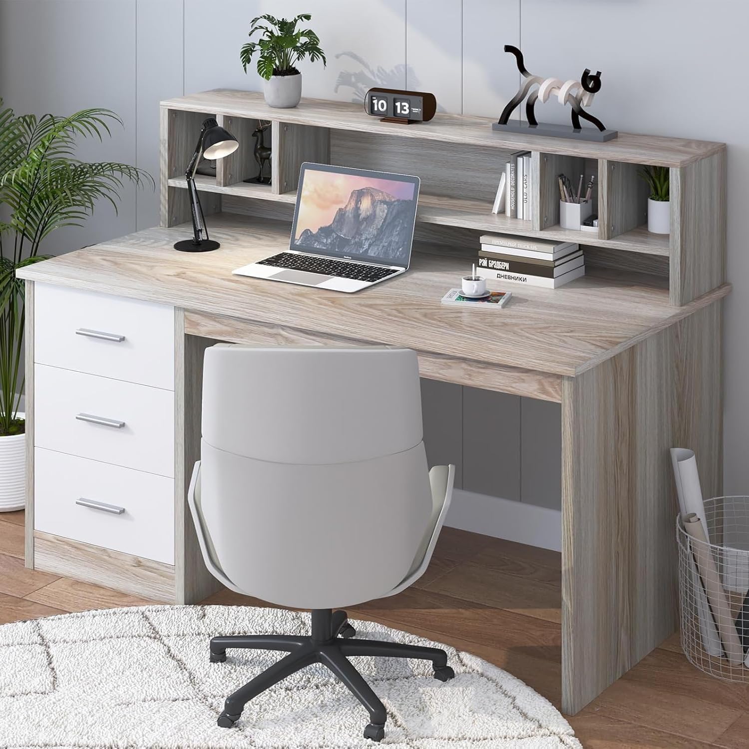 Home Office Desk with Drawers, 46" Small Desk for Bedroom, Computer Desk with Hutch and Drawers, Study Desk with Storage, White and Walnut