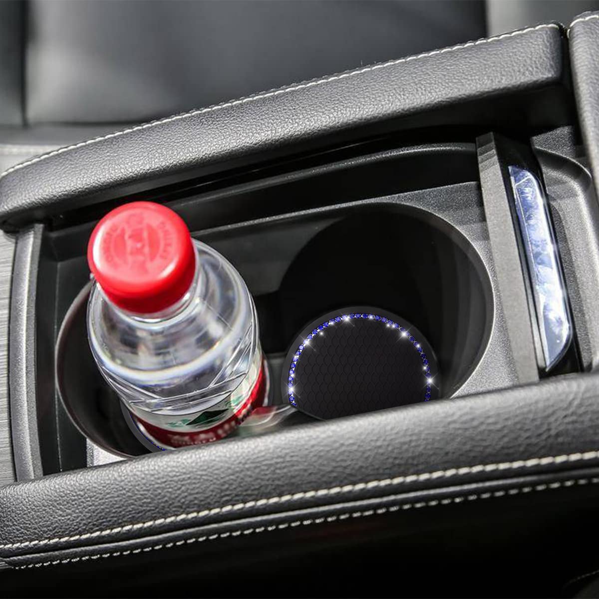Lot De 2 Dessous De Verre Auto En Silicone Strass 7,9 Cm – Protection De Porte-gobelet Universelle, Cadeau Auto Homme/femme (noir/bleu)