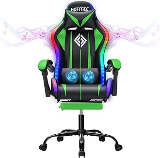 RGB Gaming Chair with Speakers and Massage Ergonomic Computer Chair with Lights and Footrest Reclining Video Game Chairs for Adults Green and Black