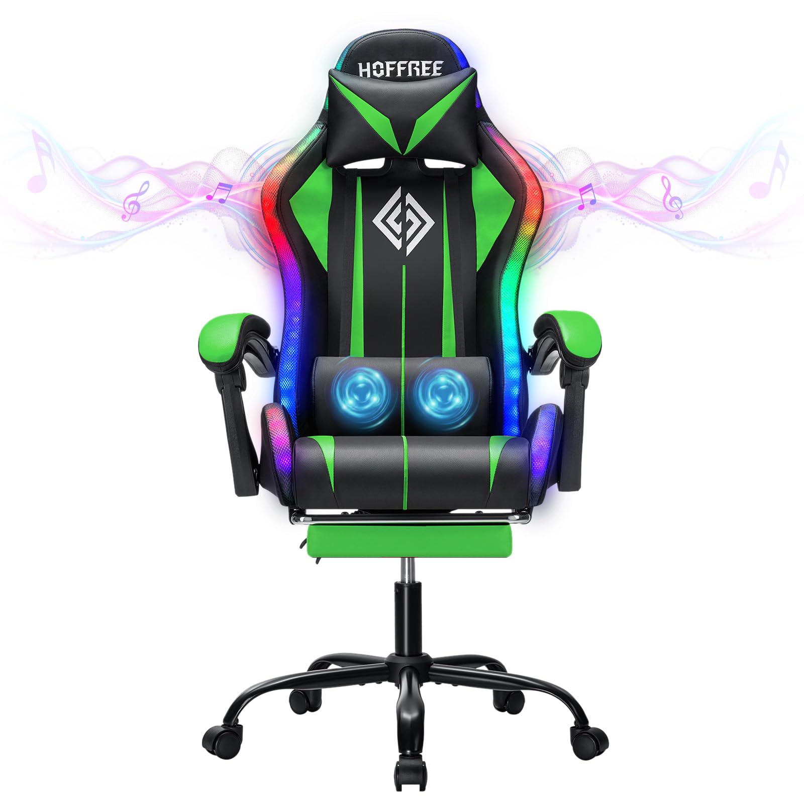Hoffree HOFFREE RGB Gaming Chair with Speakers Massage Computer Gaming Chair with LED Lights and Footrest High Back Video Game Chair for Adults Green and Black