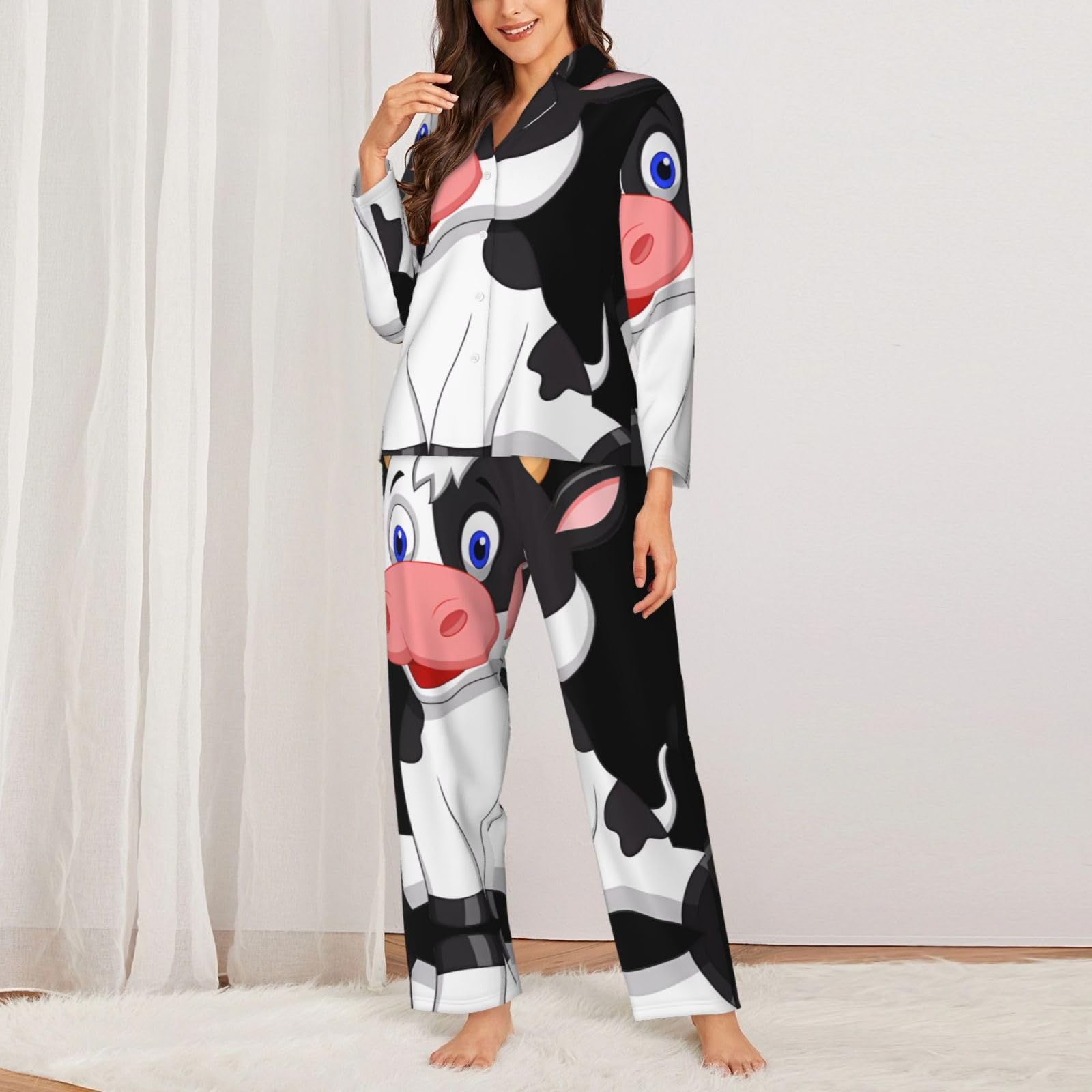 Conjunto de pijama de manga larga para mujer, conjunto de pijama con estampado de vaca lechera, cómoda ropa de dormir para otoño e invierno