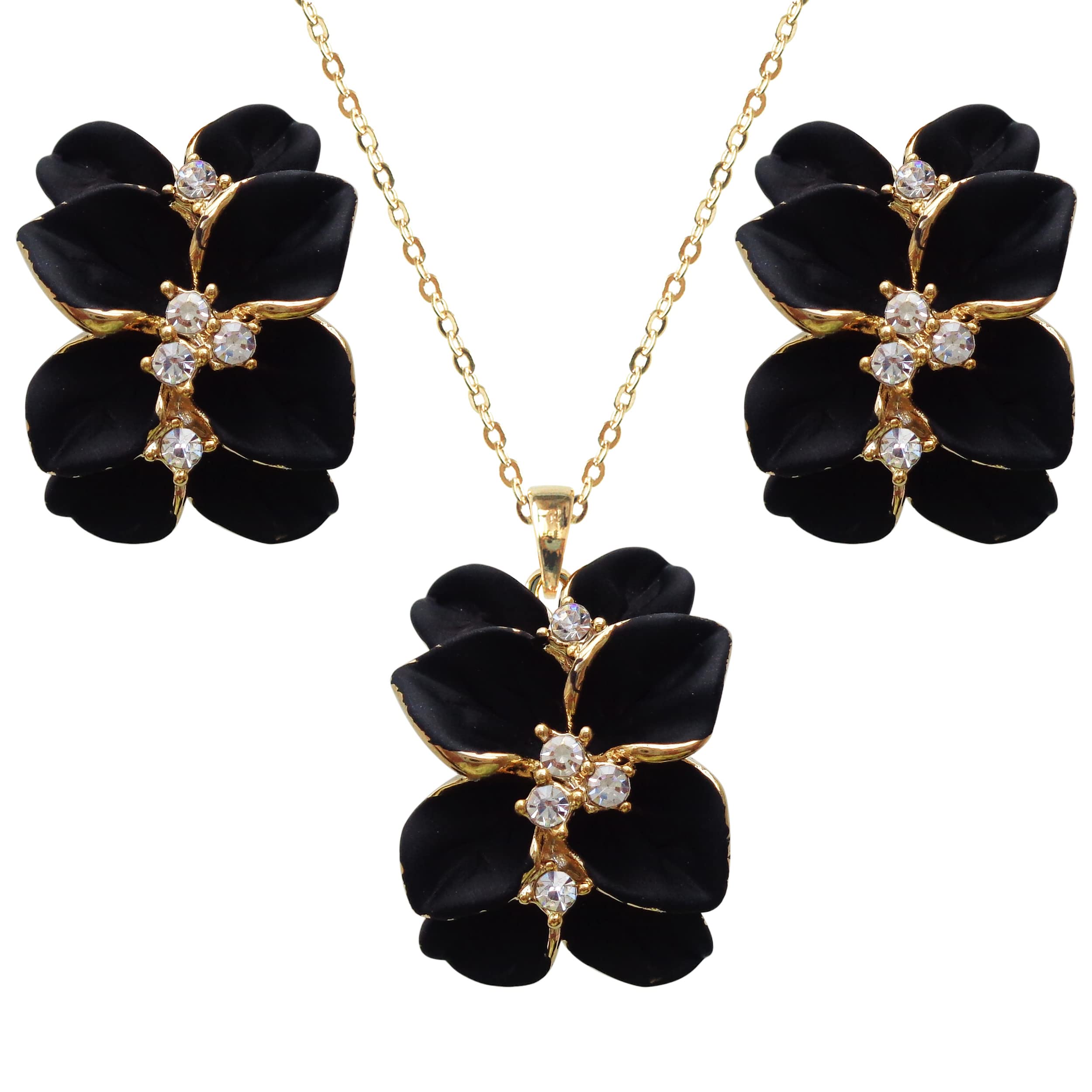 Navachi 18k Gold Plated White Crystal Multicolor Enamel Clip-on Stud Earrings And Neckalce Pendant Jewelry set