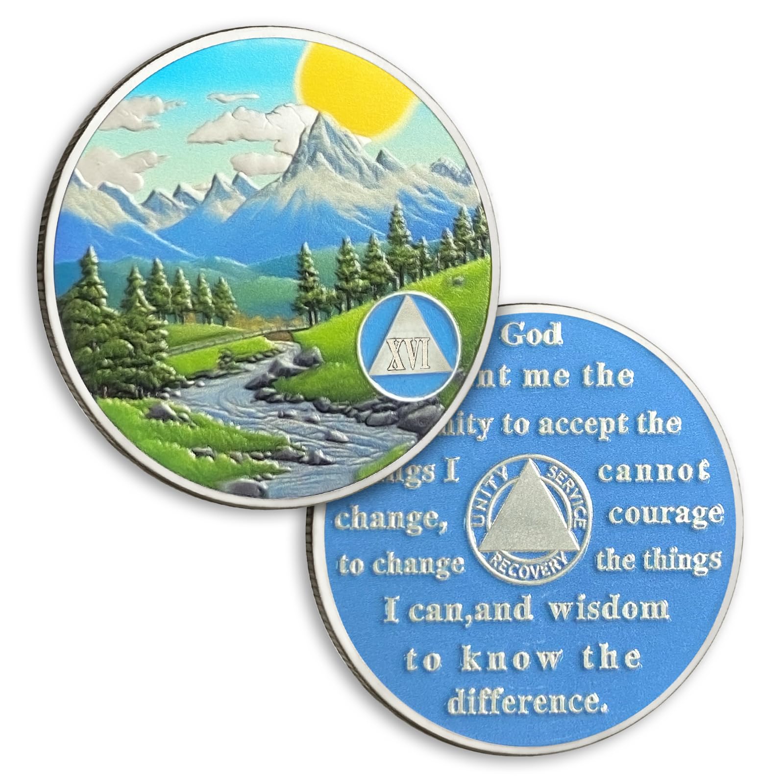 16 Year Sobriety Coin Valley Sunrise Sixteen Year Sobriety Chip Serenity Prayer AA Chips and Medallion Sun Chips Recovery Anniversary Token Sobriety