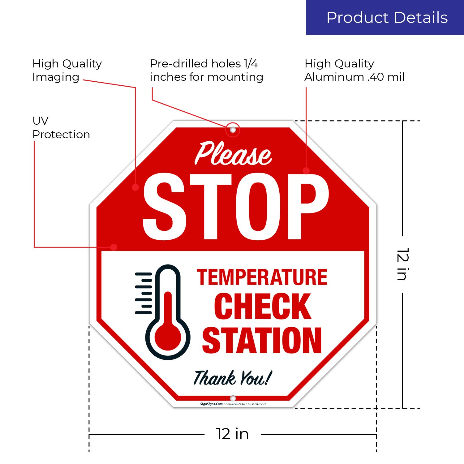 Getue Stop Temperature Check Station Sign, Social Distancing Sign, 12x12 Inches, Rust Free .040 Aluminum, Fade Resistant, Easy Mounting, Indoor/Outdoor Use, Made in USA by SIGO Signs