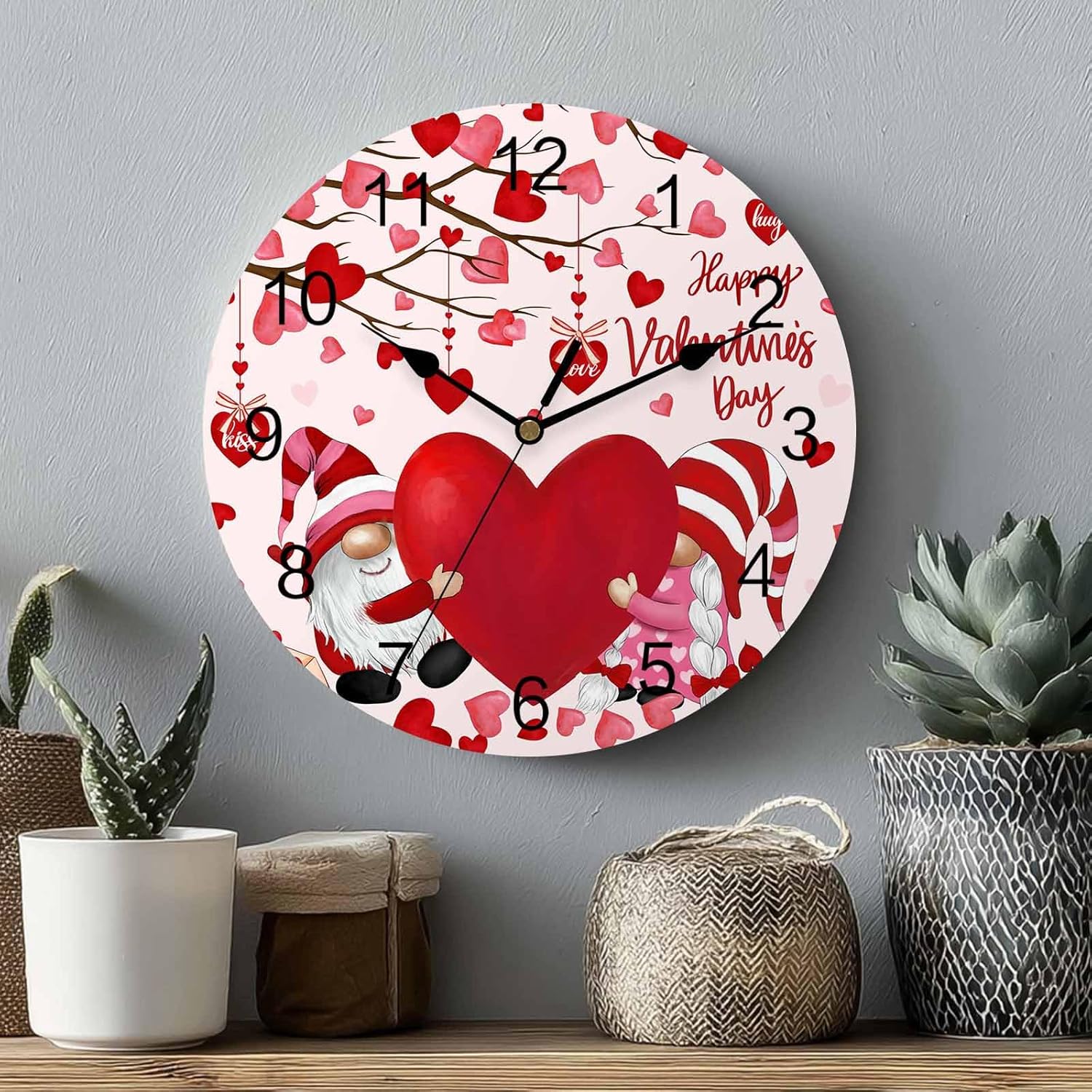 Happy Valentine's Day Silent PVC Wall Clock 14 Inch Gnomes Round Wall Clock Red Love Heart Tree Hanging Clock for Kitchen Non Ticking Battery Operated Living Room Pink Mute Clock