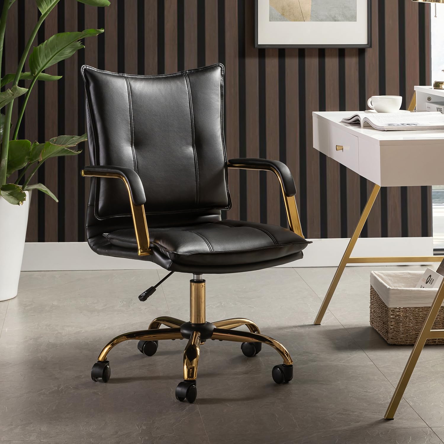 HULALA HOME PU Leather Office Chair with Armrests and Gold Legs, Height Adjustable Swivel Desk Chair Upholstered Executive Task Chair for Home Office, Black