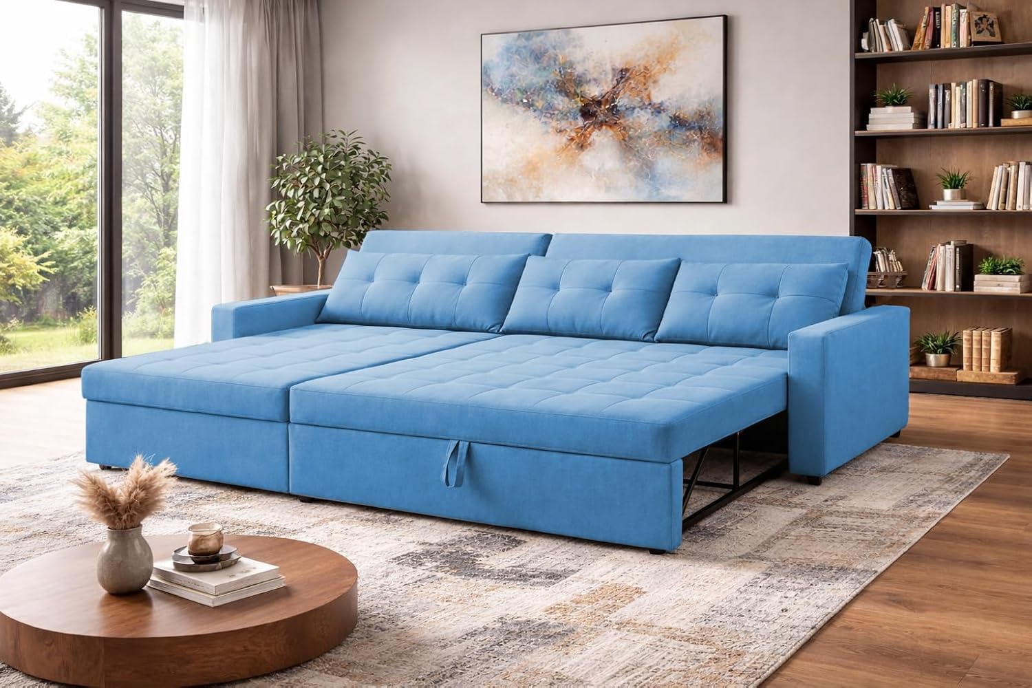 4 Seater LHS L - Shape Pull-Out Sofa Cum Bed Sofa for Living Room Premium Fabric Sofa Set for Living Room Sofa Cum Bed (Sky Blue)-image-30