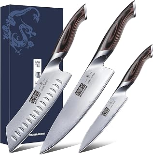 HOSHANHO 3-Piece Knife Set: Japanese High Carbon Steel Chef, Santoku & Utility Knives with Ergonomic Pakkawood Handles