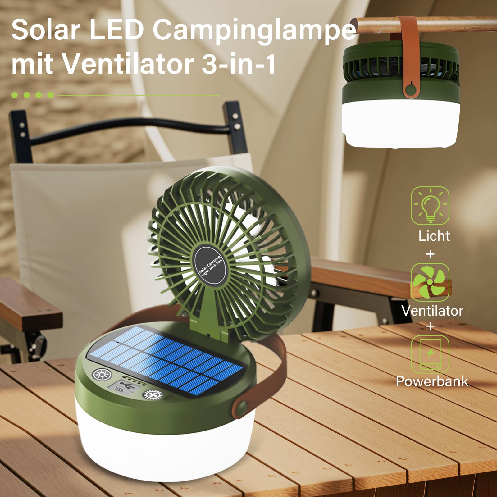 Lampe De Camping Solaire LED Avec Ventilateur - 4 Modes Lumière, 3 Vitesses Vent - Recharge USB/solaire - 3000 MAh - 10