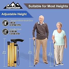 supregear Folding Cane, 5-Level Adjustable Height Walking Stick Lightweight Collapsible Portable Travel Cane with Wrist Strap and T Handle for Elderly Disabled Men Women, Gold