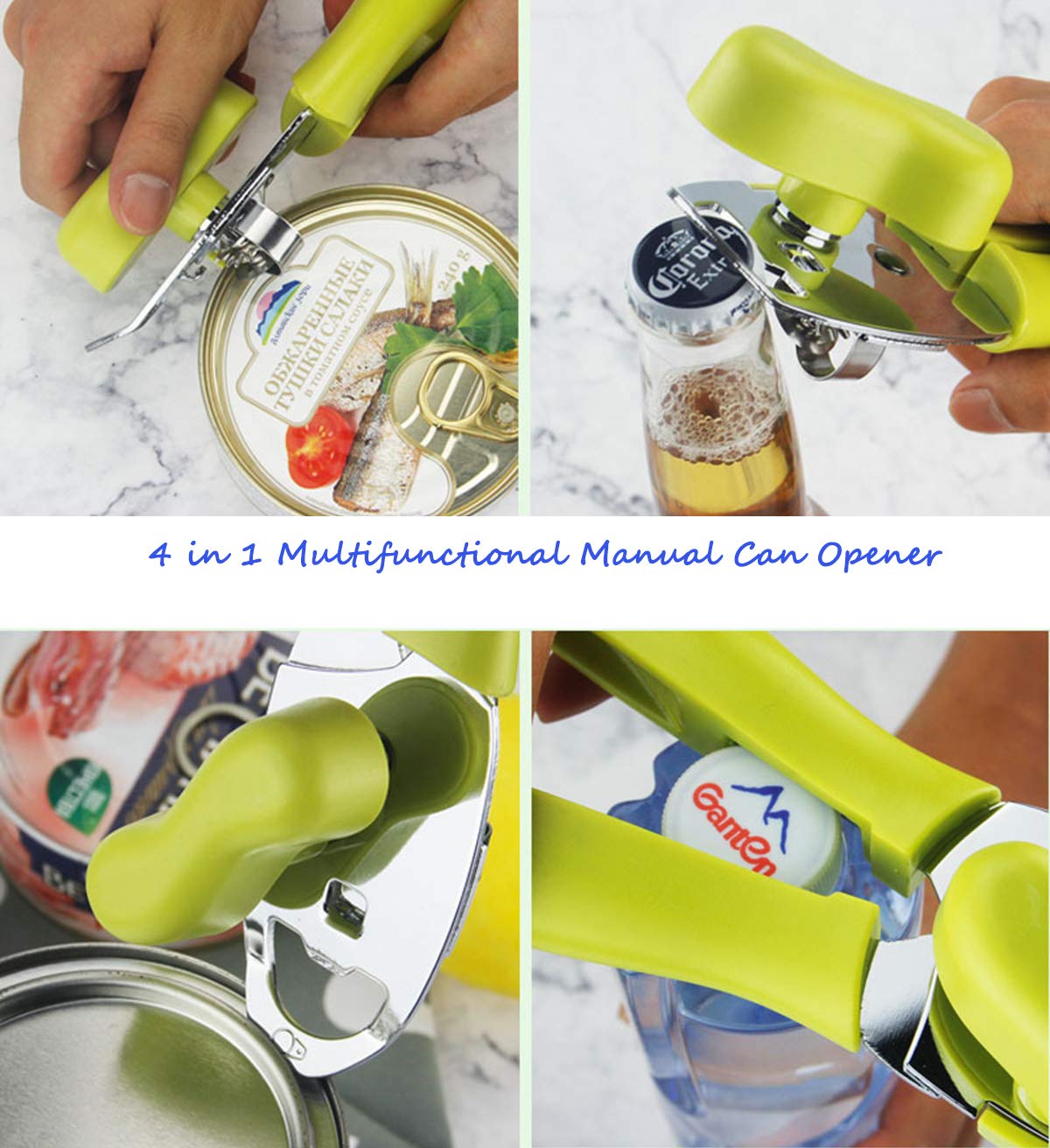 Ouvre-Boîte Manuel 4en1 - Ouvre Bouteille, Boîtes, Bocaux - Lame Acier Inoxydable - Ergonomique Pour Personnes Agées