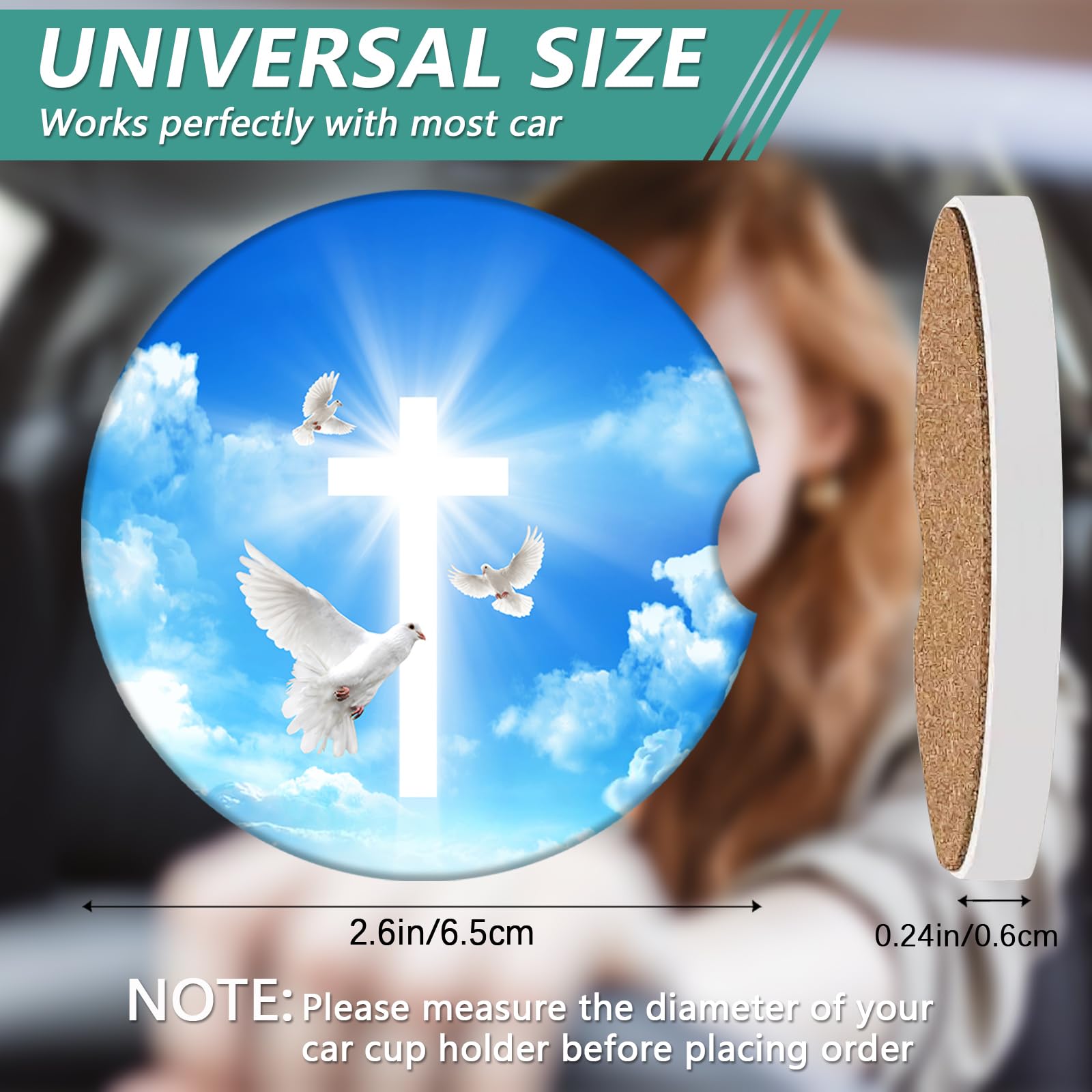 2 Pack Blessed Car Cup Holder Coasters - Cross Heaven Absorbent Ceramic Coaster Car Coasters for Cup Holders — view 2