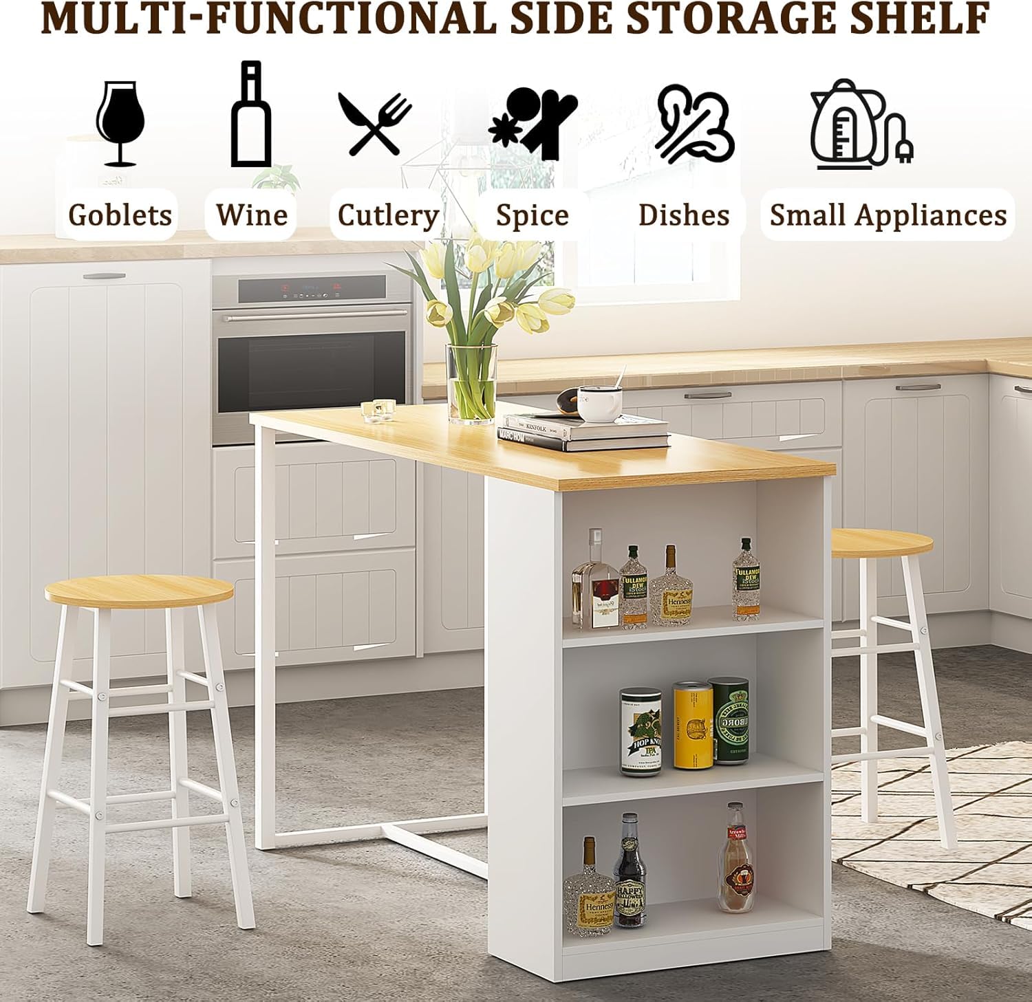 soges Juego de bar con mesa de bar y 2 taburetes altos, 91 x 49,5 x 91 cm, mesa de comedor, mesa de restaurante, mesa de pub con estante de almacenamiento de 3 niveles.