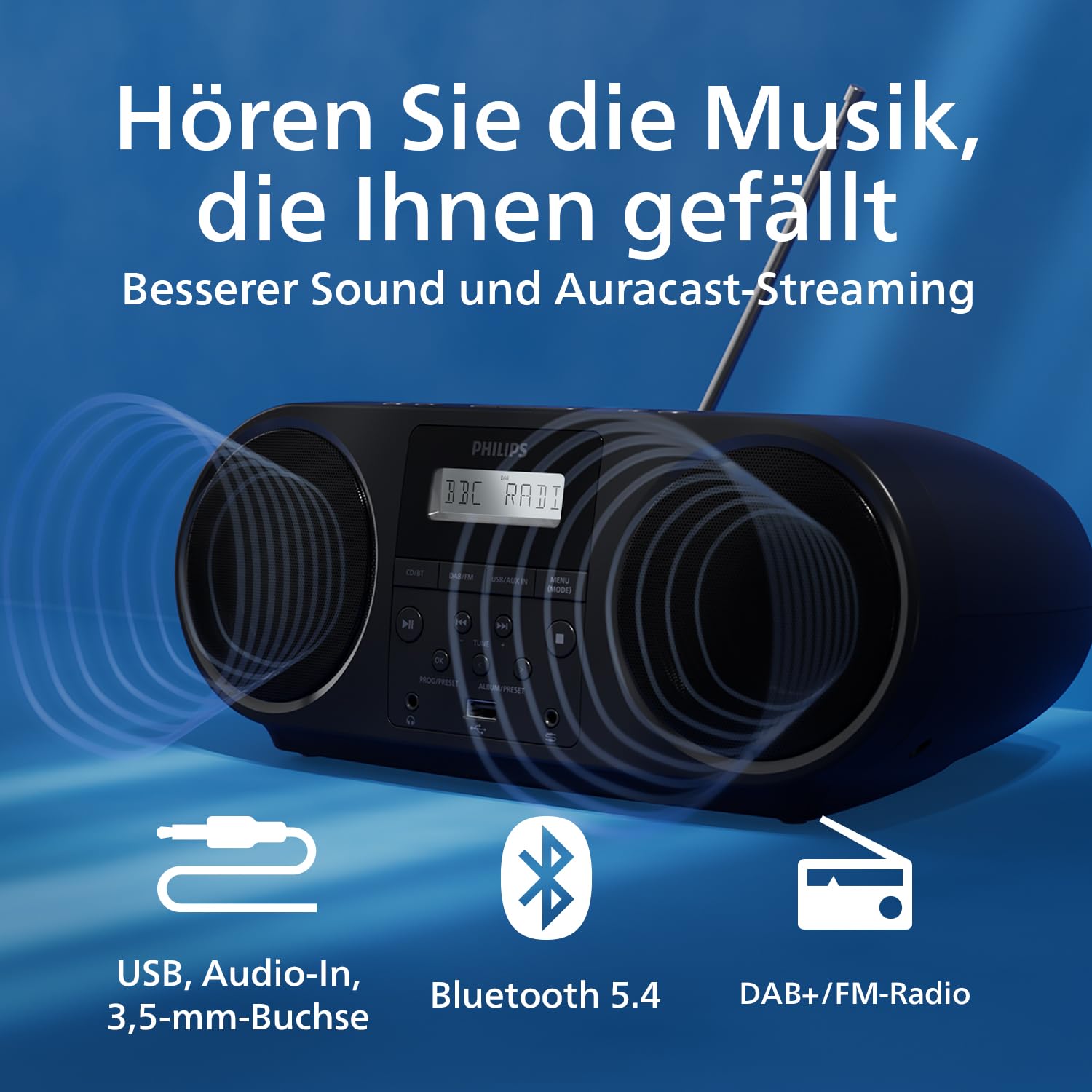 Philips TAZ6000 Multifunktions-CD-Spieler mit DAB+-/FM-Radio, Bluetooth 5.4, USB, Dynamic Bass und 3,5 mm Kopfhörerbuchse