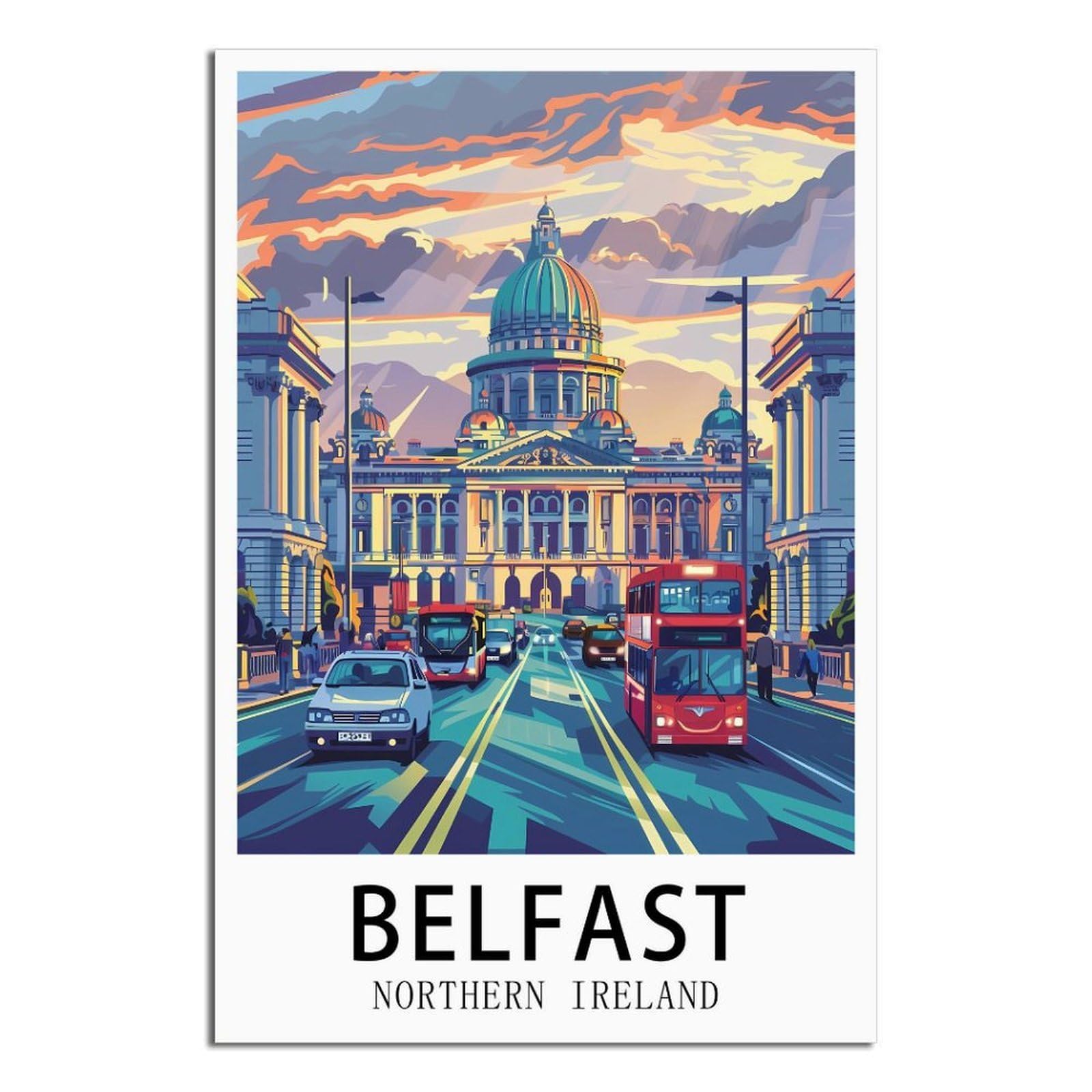 Sljgineu Unframe-Style Belfast Northern Ireland Vintage Travel Posters Car 08X12inch(20X30cm) Canvas Wall Art Print Modern Painting Poster For Living Room Decor