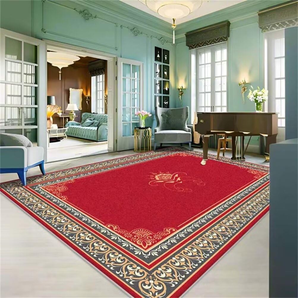 Tapis décoratif de salon à motif floral vintage rouge et résistant
