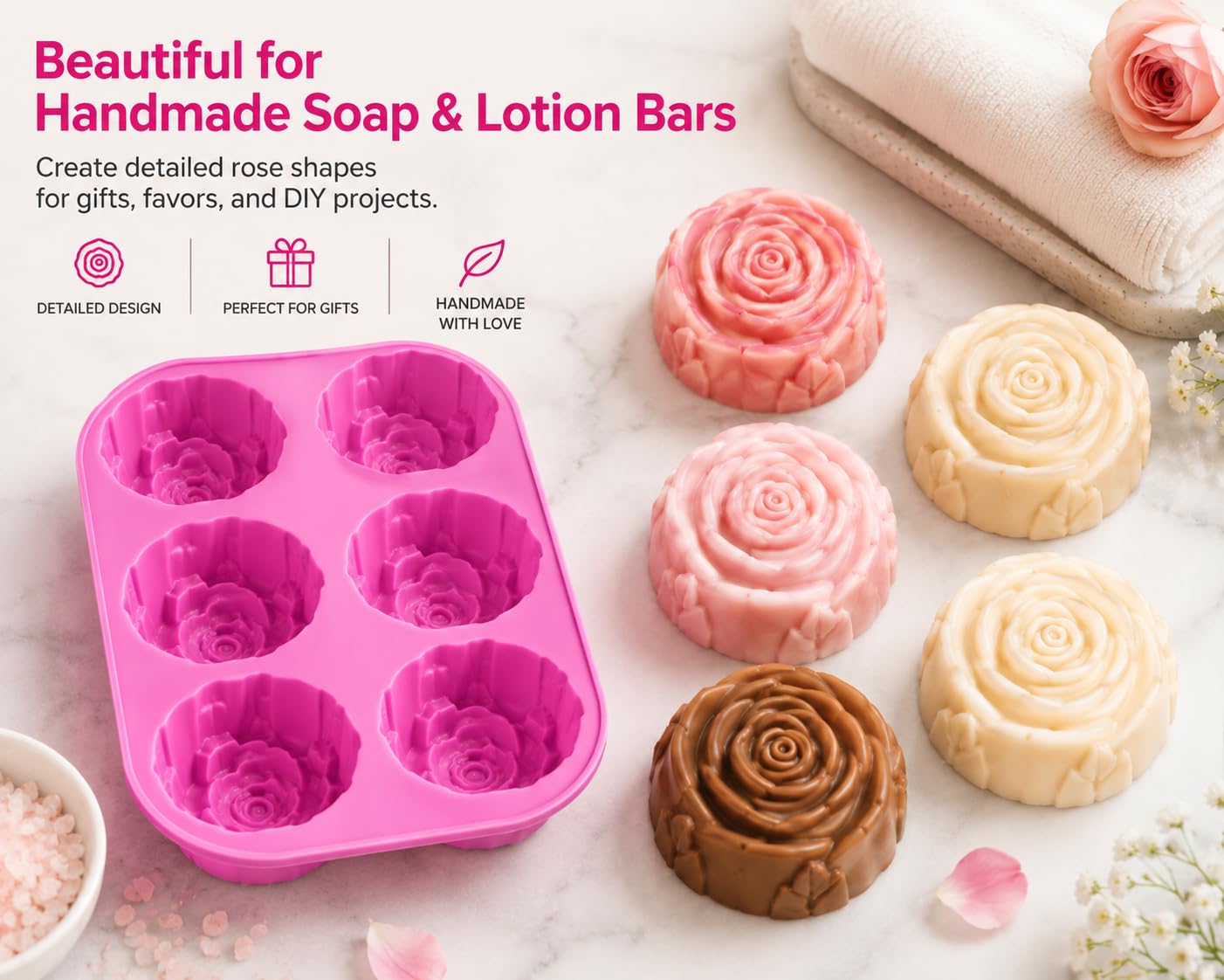 Paquete de 3 moldes grandes de silicona para cubitos de hielo y jabón, diseño de rosas