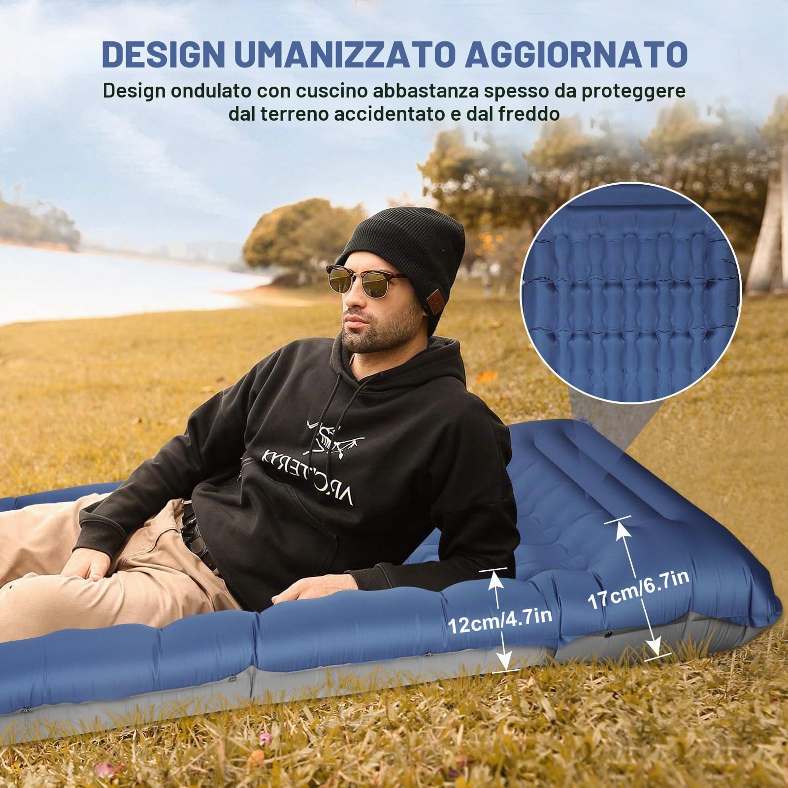 Materassino Da Campeggio Autogonfiante: Extra Spesso 12 Cm Ultraleggero Materasso Gonfiabile Il Più Comodo Pieghevole Materassino Autogonfiante Con Pompa A Pedale Per Trekking Tenda (Blu Marino)
