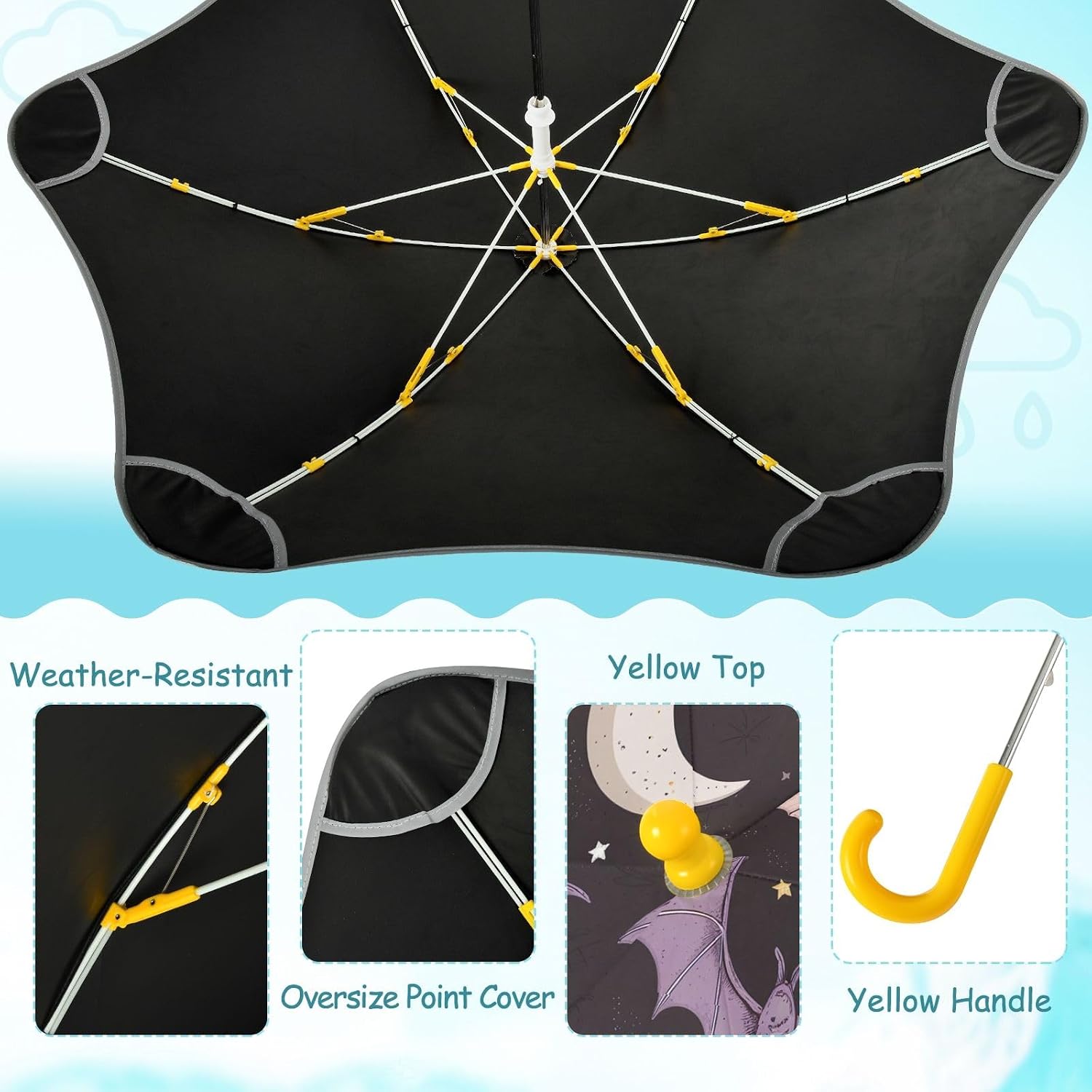 ODAWA Moon Bats Black Stick Umbrellas for Children with Hook Handle Rounded Corner Rain Umbrellas Age 3-8