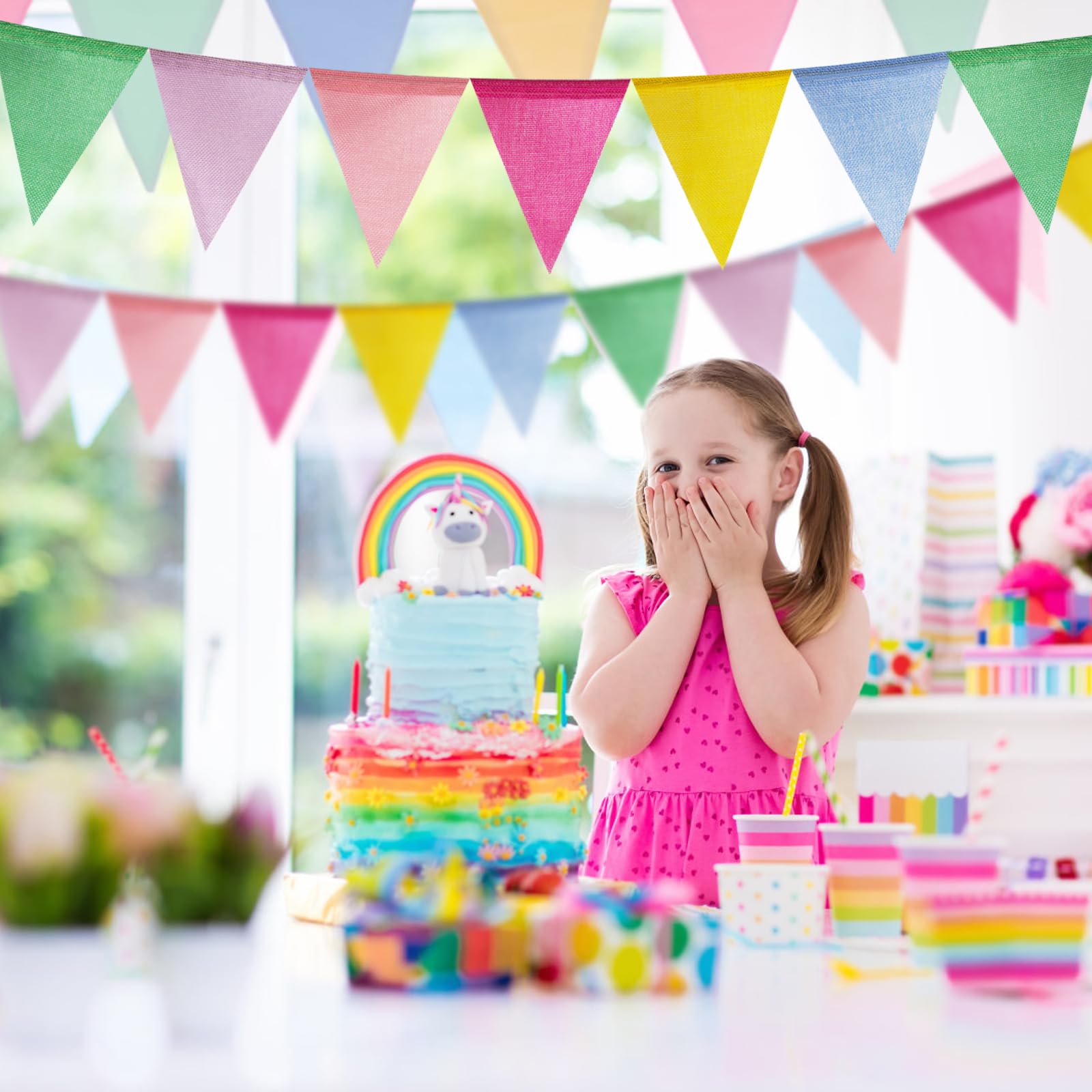60 Flags/36ft Burlap Imitated Pastel Triangle Pennant Banner Flags Garland - Multicolor Rainbow Bunting for Birthday and Outdoor Party Festival School Classroom Hanging Decoration