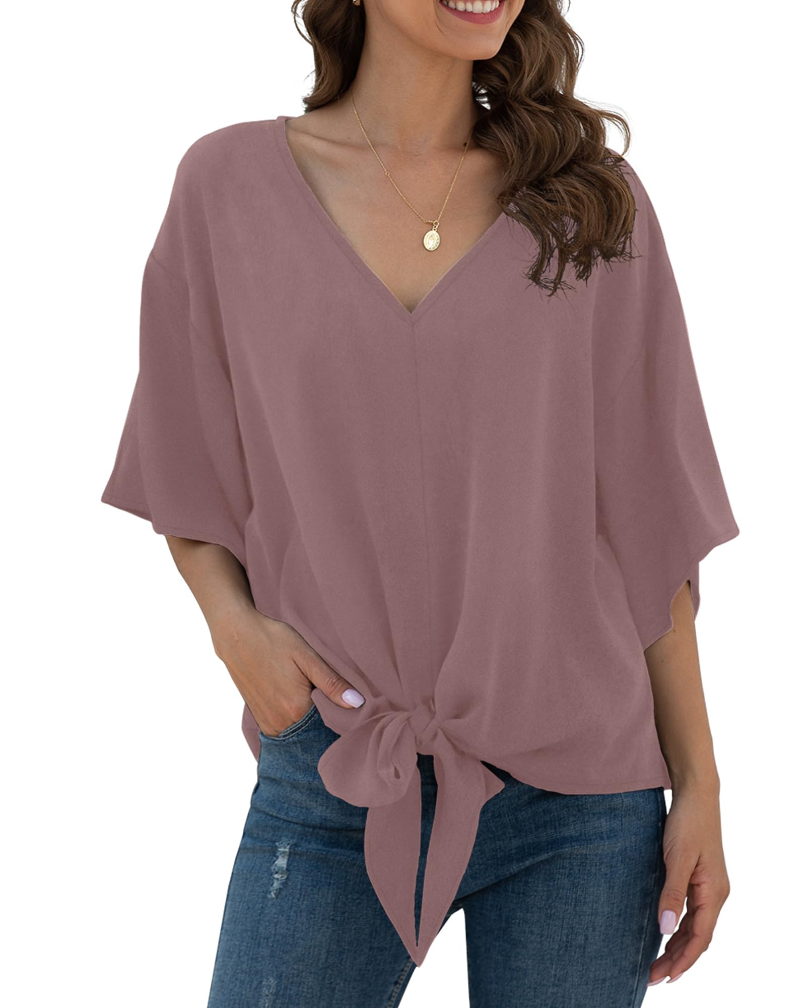 VIISHOW Womens Tie Front Chiffon Blouses V Neck Batwing Short Sleeve Summer Floral Tops Shirts