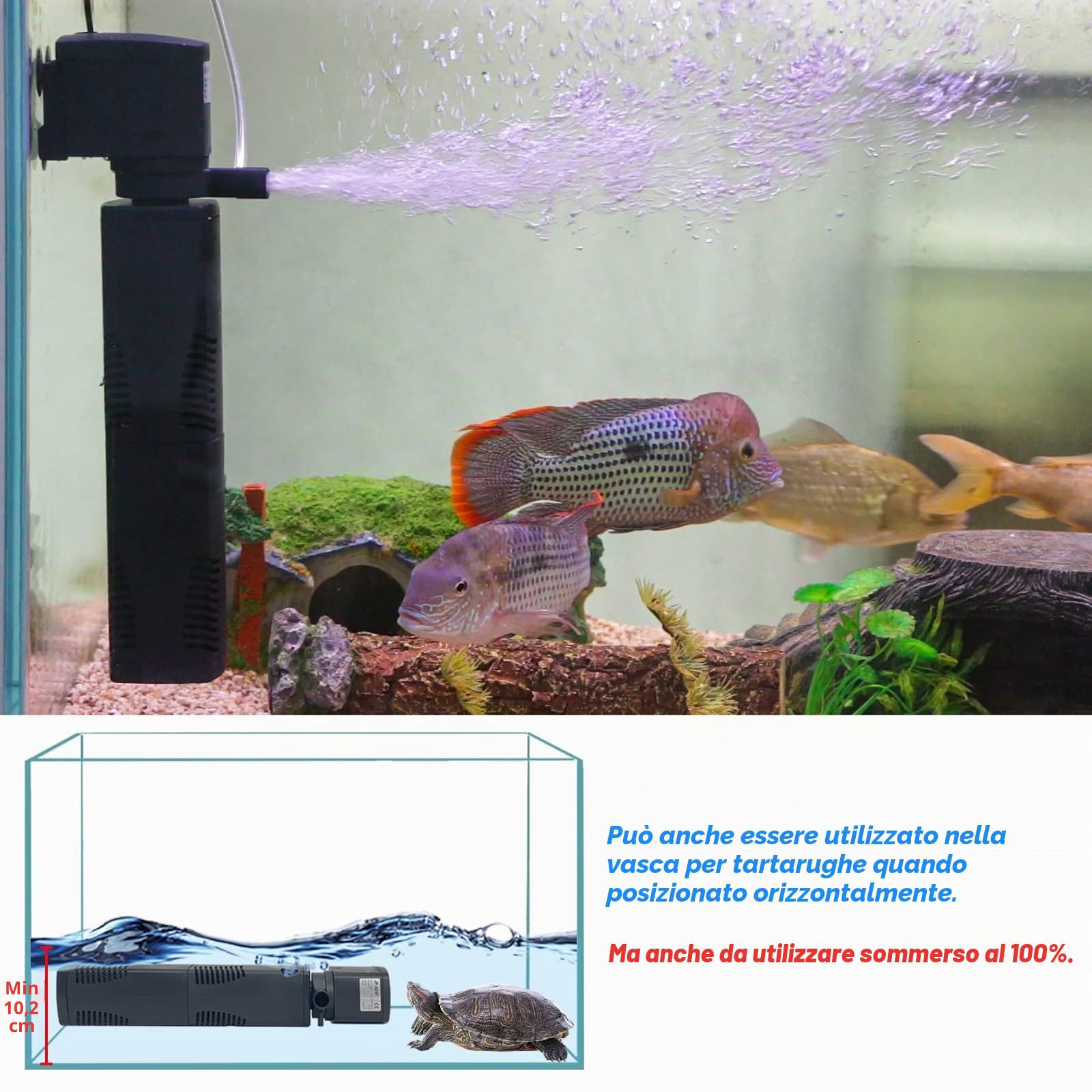 Tararium Filtro Interno per Acquario da 150-560 Litri Bio Sponge Aquarium Filter Potente Pompa d'acqua Sommergibile con Aerazione Grande Serbatoio Tartaruga Giardino Laghetto Wave Maker