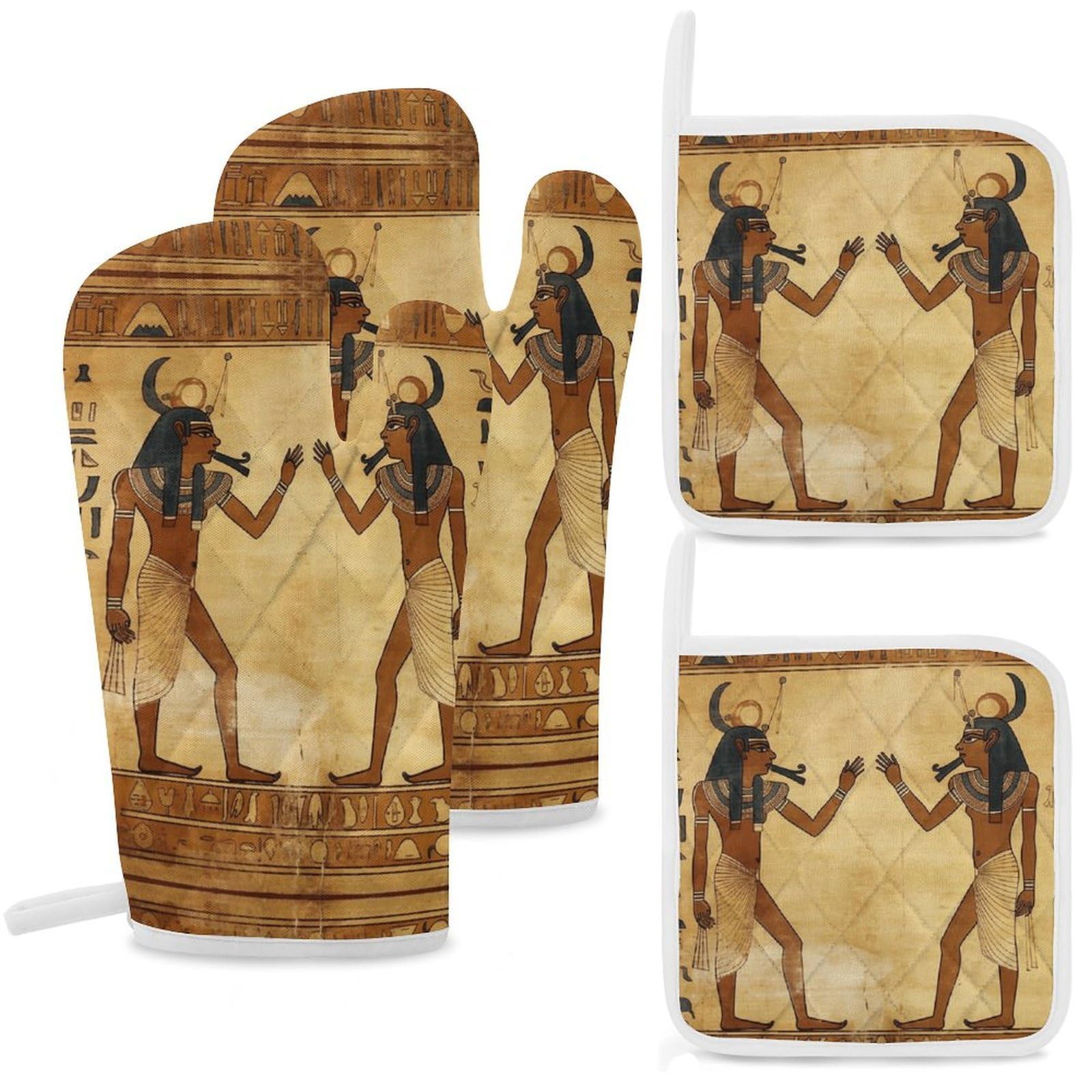 Ancient Egyptian Oven Mitts and Pot Holders Sets Heat Resistant Oven Glove with Hanging Loop for Baking Cooking BBQ Thicken Potholders for Kitchen