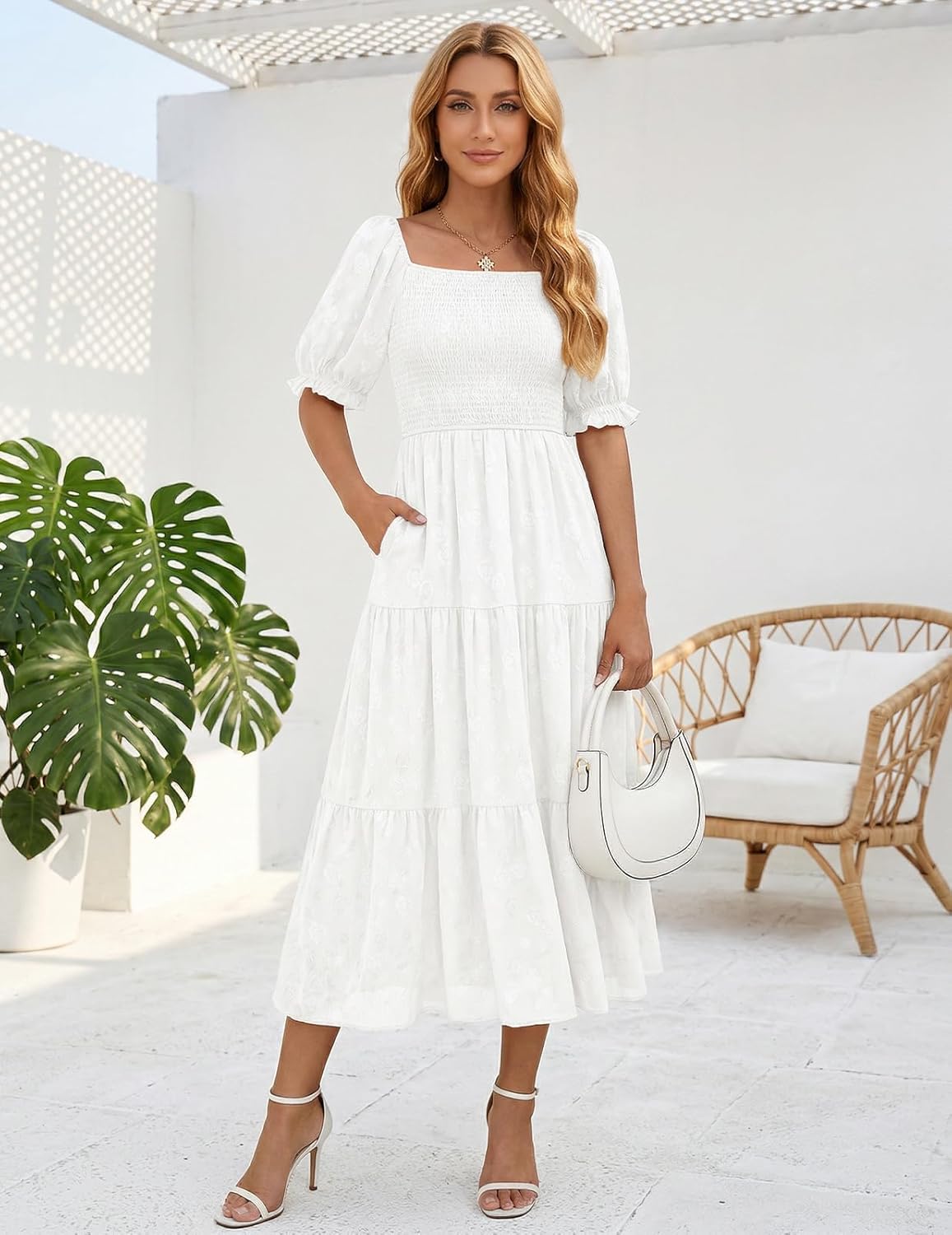 DRESSTELLS Women 2026 Summer Midi Casual Floral Wedding Guest Square Neck Smocked A Line Flowy Boho Dress with Pockets