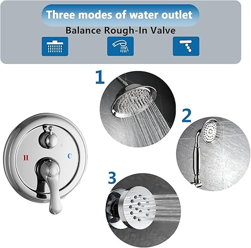 Miniatura 9 de Sistema de ducha cromado de 8 pulgadas, juego de grifo de ducha montado en la pared con chorros de cuerpo, sistema de ducha de lluvia de 3 funciones